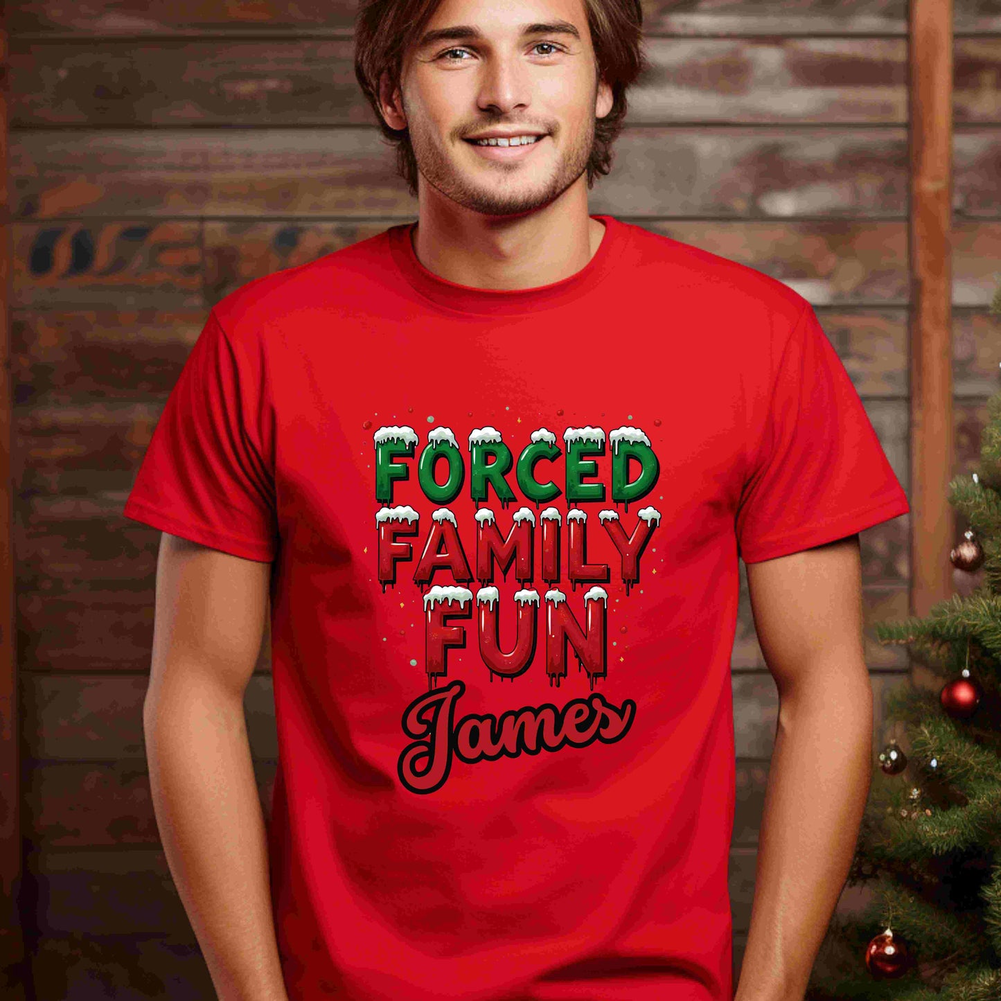 Forced Family Fun Christmas Shirt – Funny Holiday Family Matching Tee – Optional Custom Name – Bella + Canvas – White, Black, Red, Forest Green