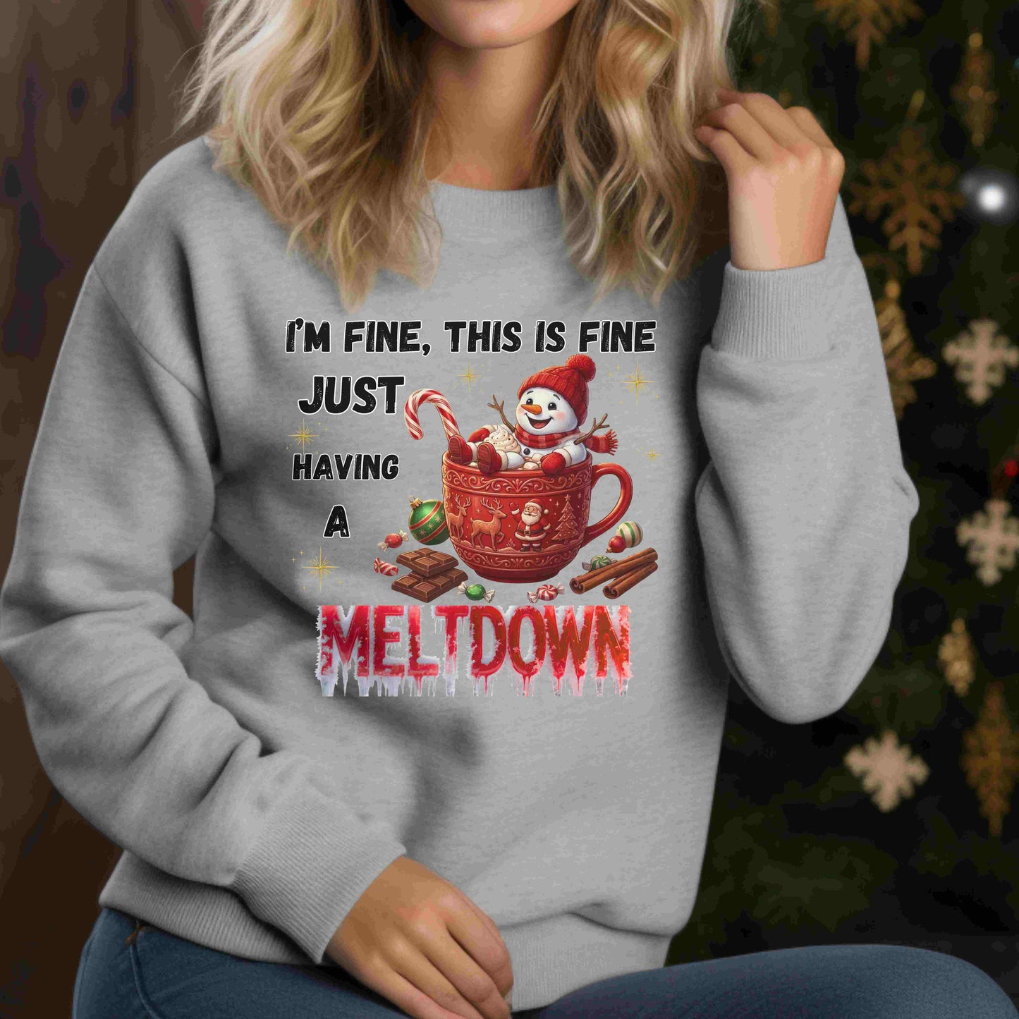 "I'm Fine, This Is Fine" Christmas Meltdown Sweatshirt – Cute Snowman Holiday Crewneck