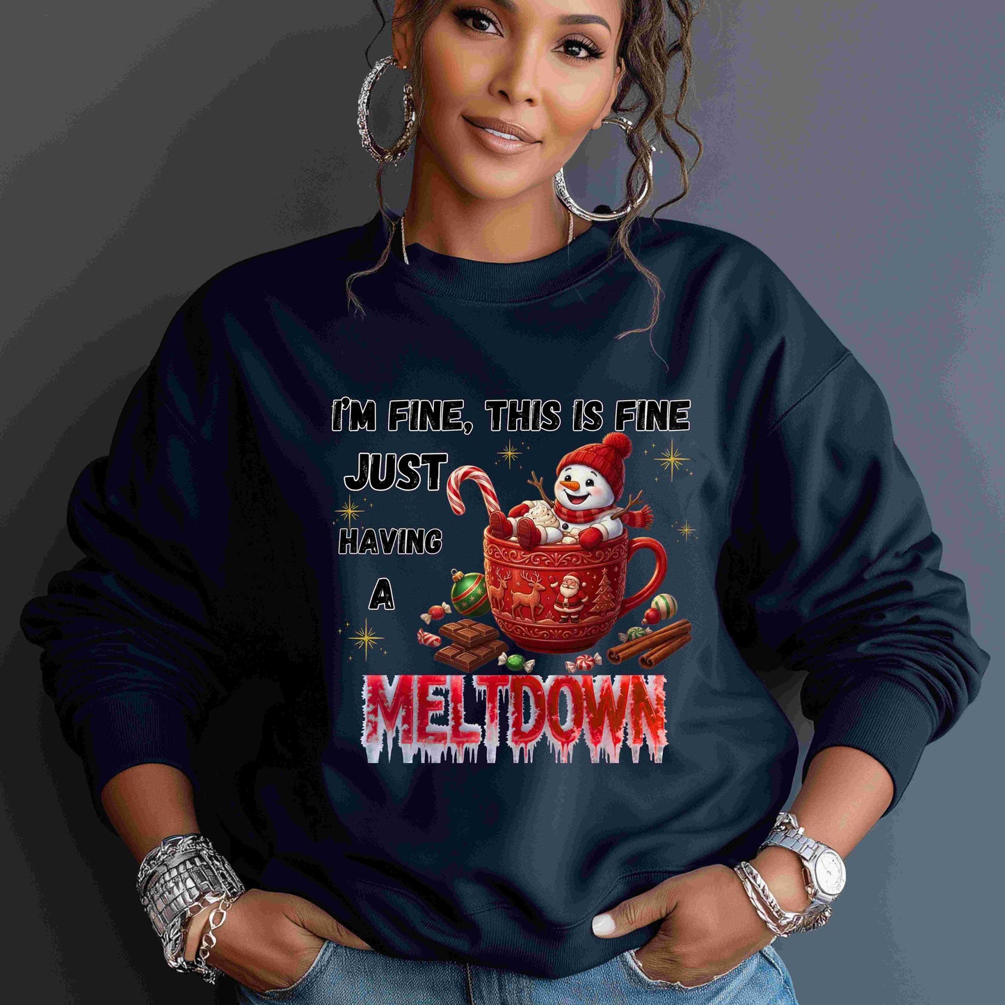 "I'm Fine, This Is Fine" Christmas Meltdown Sweatshirt – Cute Snowman Holiday Crewneck