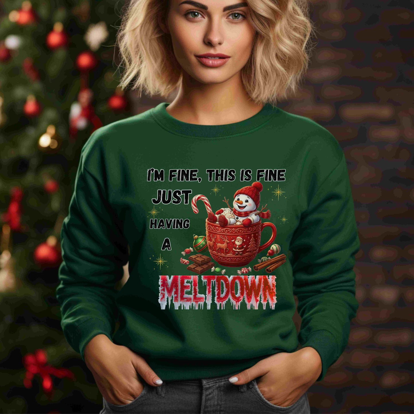 "I'm Fine, This Is Fine" Christmas Meltdown Sweatshirt – Cute Snowman Holiday Crewneck