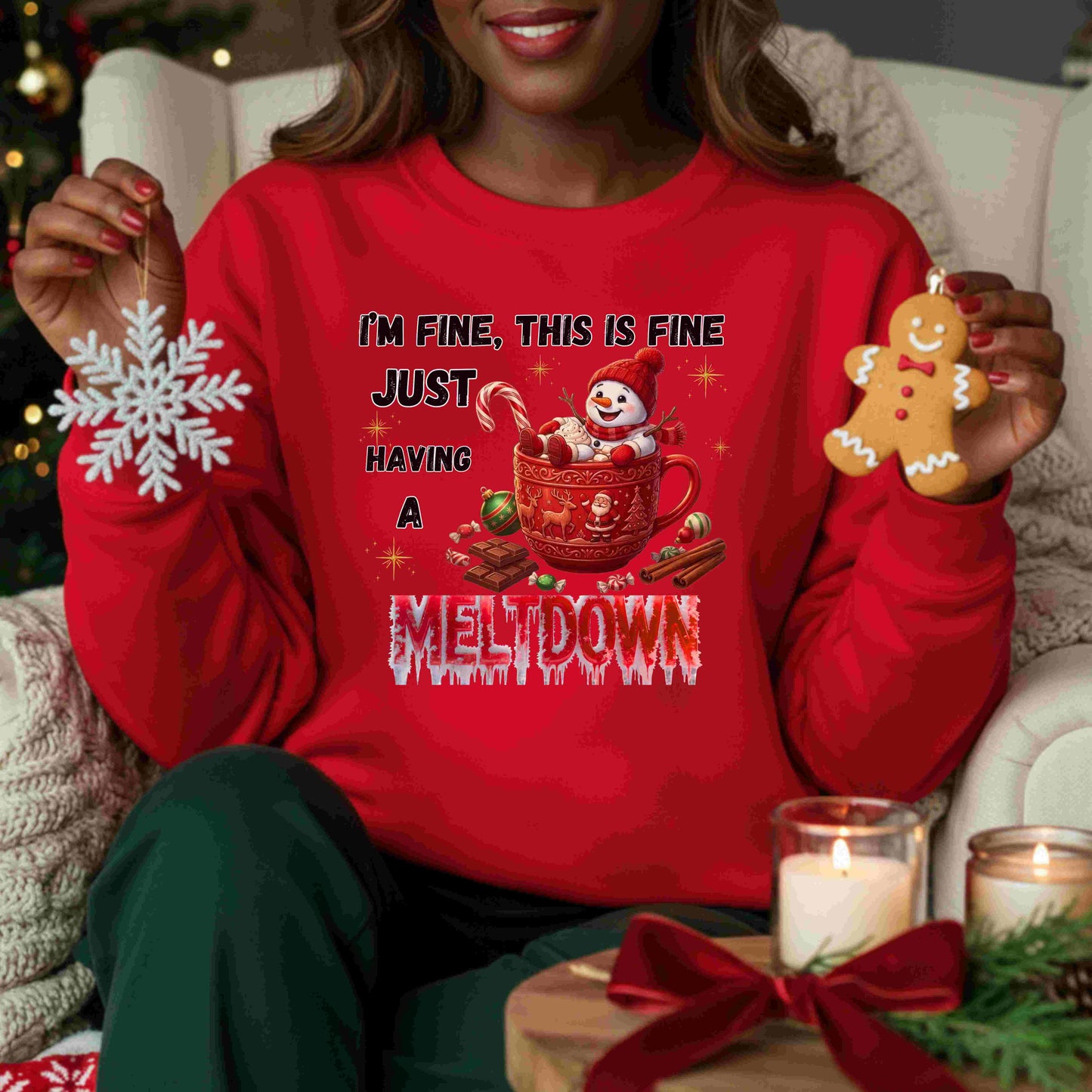 "I'm Fine, This Is Fine" Christmas Meltdown Sweatshirt – Cute Snowman Holiday Crewneck
