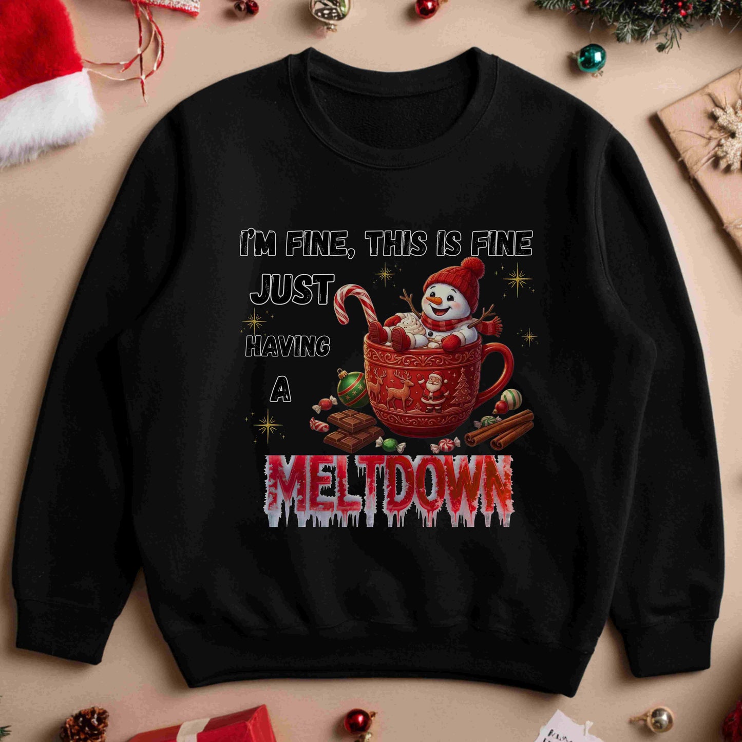 "I'm Fine, This Is Fine" Christmas Meltdown Sweatshirt – Cute Snowman Holiday Crewneck