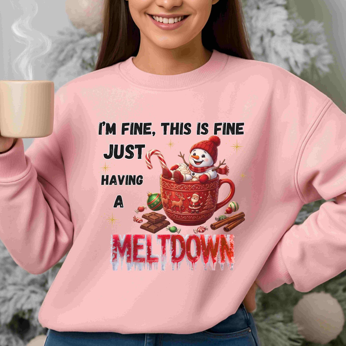 "I'm Fine, This Is Fine" Christmas Meltdown Sweatshirt – Cute Snowman Holiday Crewneck