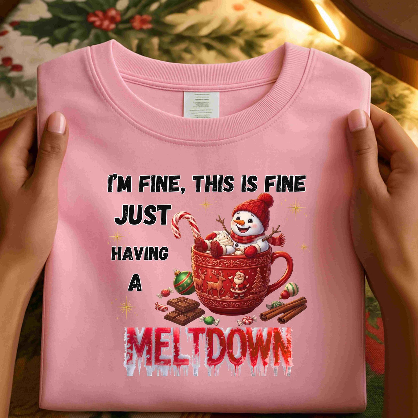 "I'm Fine, This Is Fine" Christmas Meltdown Sweatshirt – Cute Snowman Holiday Crewneck
