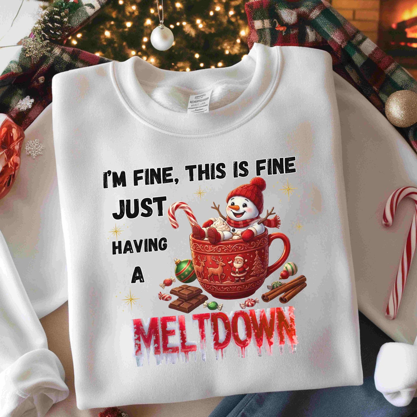 "I'm Fine, This Is Fine" Christmas Meltdown Sweatshirt – Cute Snowman Holiday Crewneck