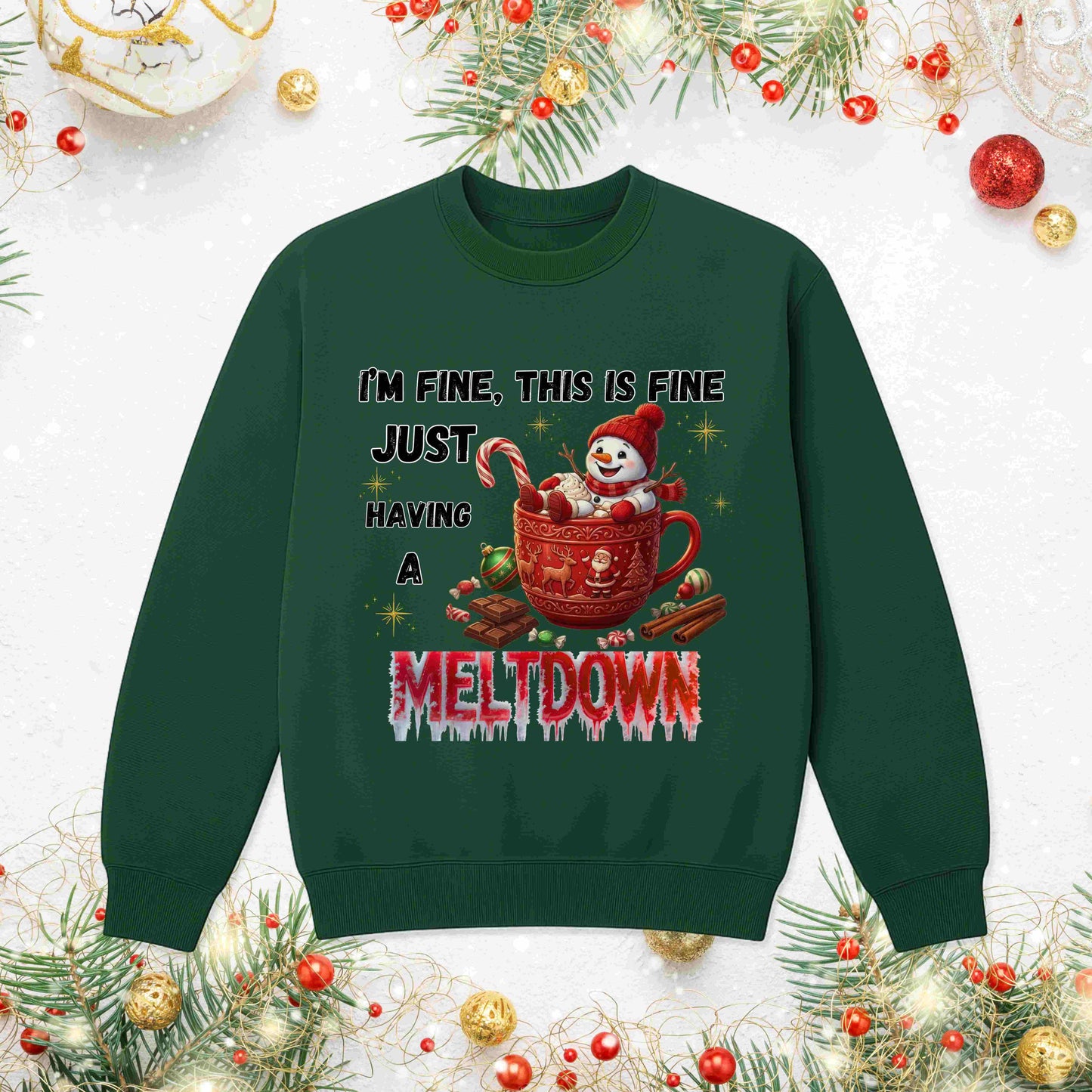 "I'm Fine, This Is Fine" Christmas Meltdown Sweatshirt – Cute Snowman Holiday Crewneck