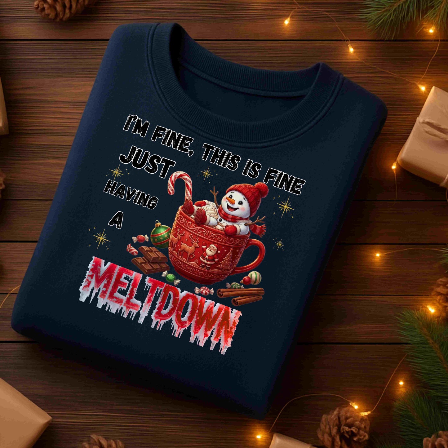 "I'm Fine, This Is Fine" Christmas Meltdown Sweatshirt – Cute Snowman Holiday Crewneck