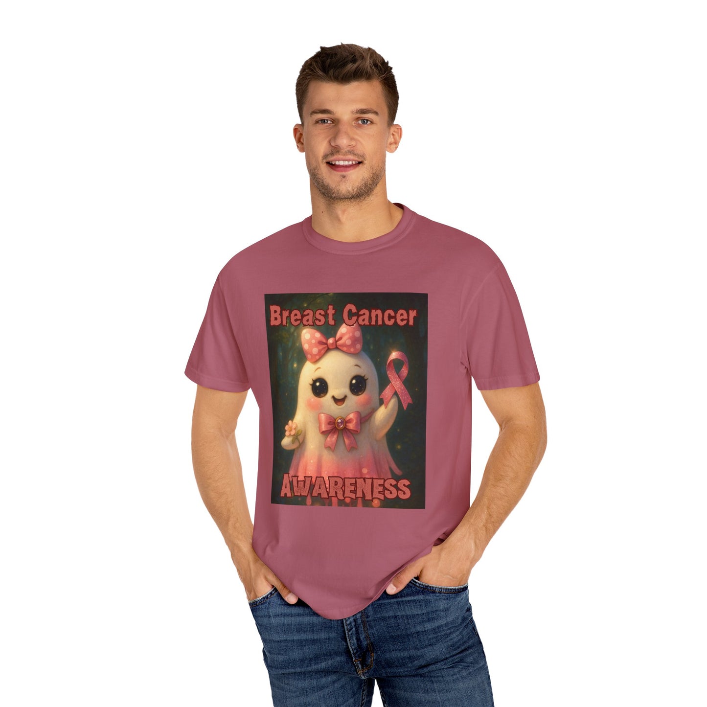 Breast Cancer Awareness Unisex T-Shirt - Cute Ghost Design, Pink Ribbon Tee, Supportive Gift, Casual Wear, October Fundraiser