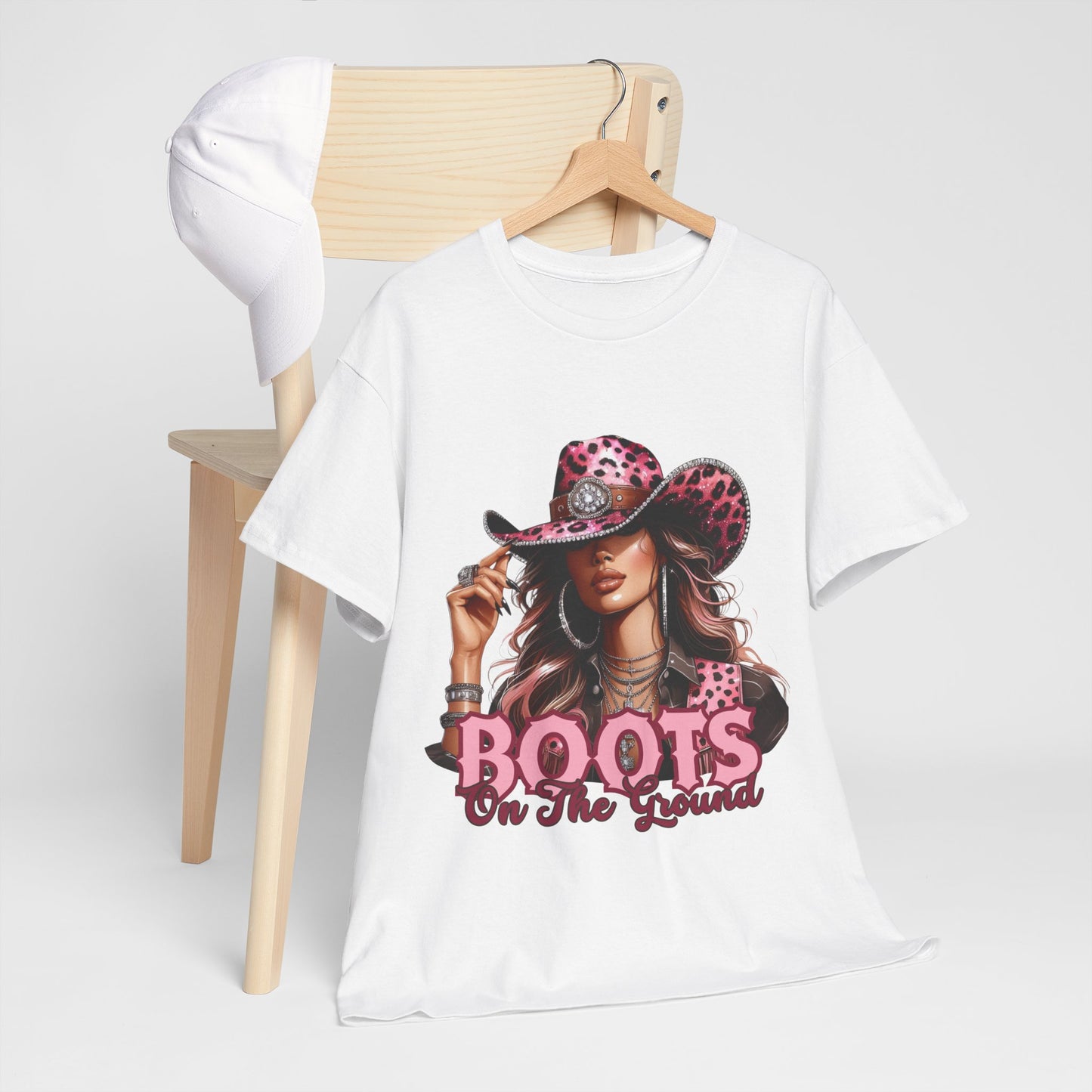 Boots On The Ground Shirt | Western Cowgirl Pink Leopard Hat Graphic Tee
