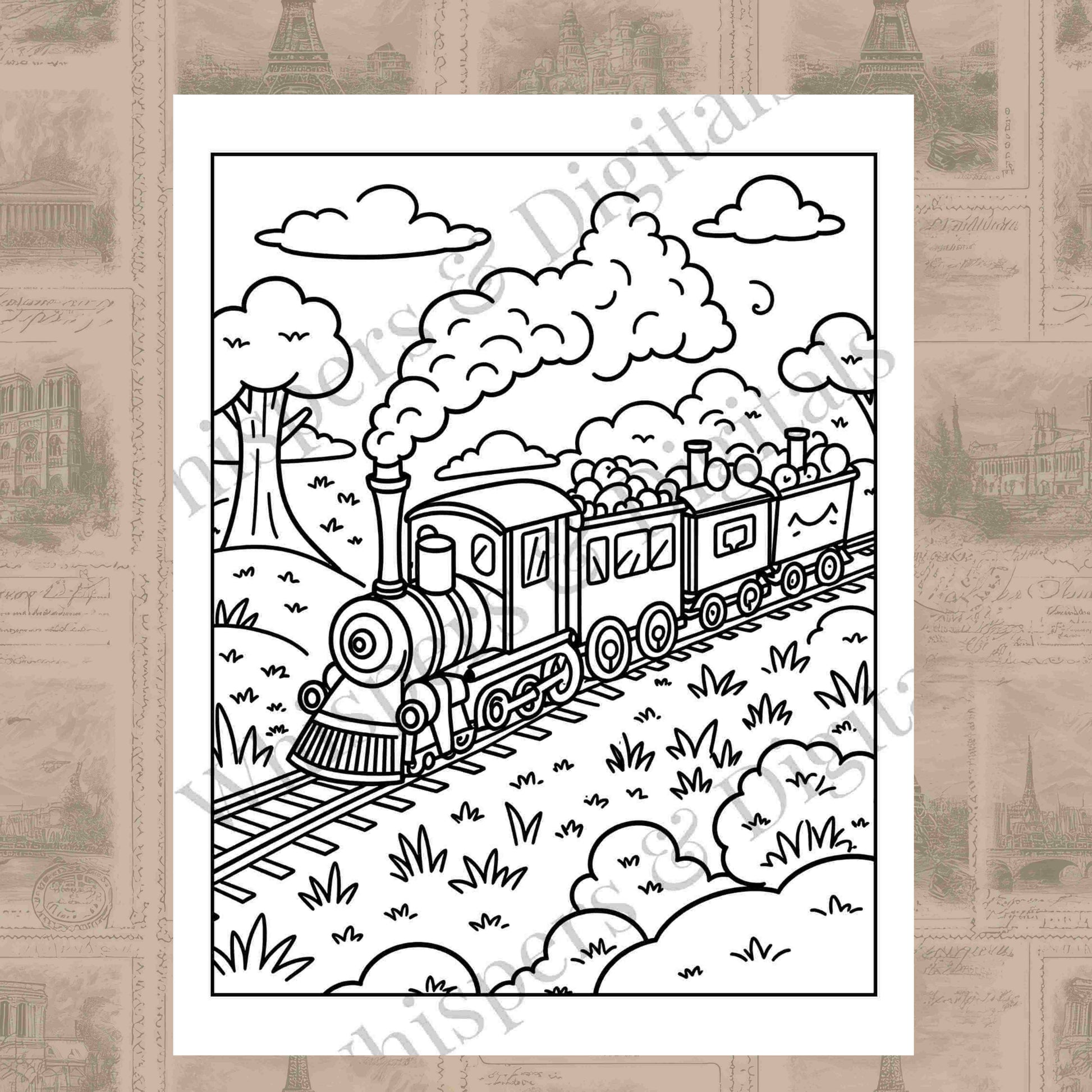 Ten whimsical travel-themed coloring pages featuring fairies, animals, hot air balloons, and suitcases — printable digital download