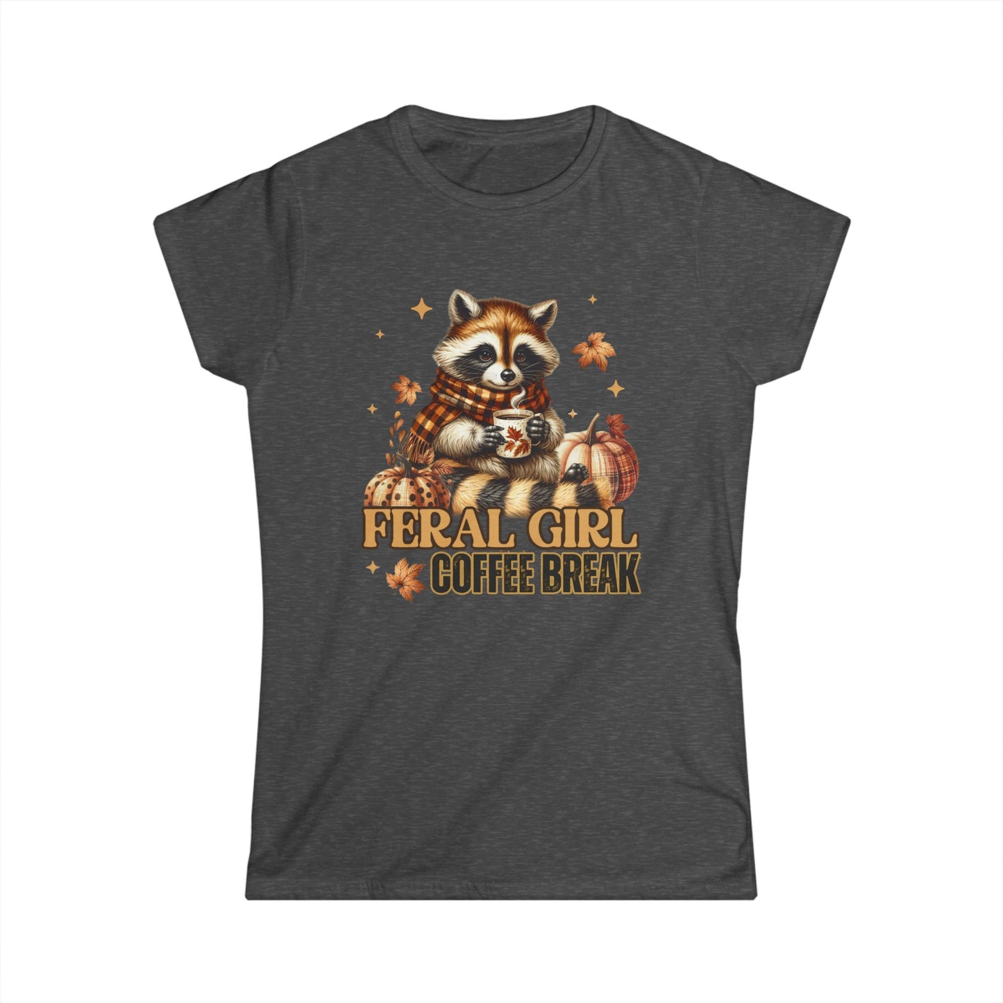 Feral Girl Coffee Break T-Shirt – Cute Fall Raccoon Shirt, Pumpkin Autumn Tee for Coffee Lovers