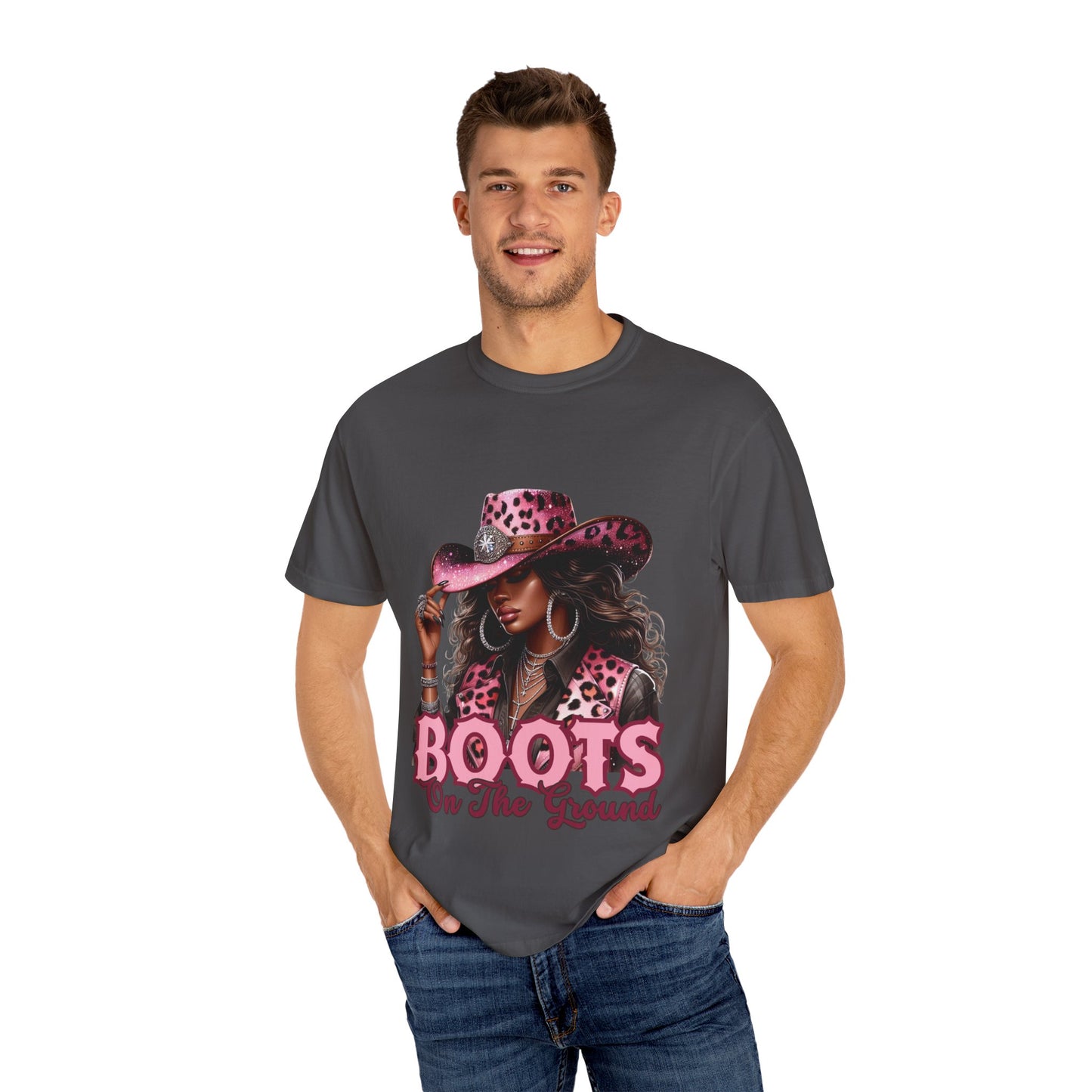 Pink Leopard Cowgirl T-Shirt – “Boots On The Ground” – Western Graphic Tee for Women