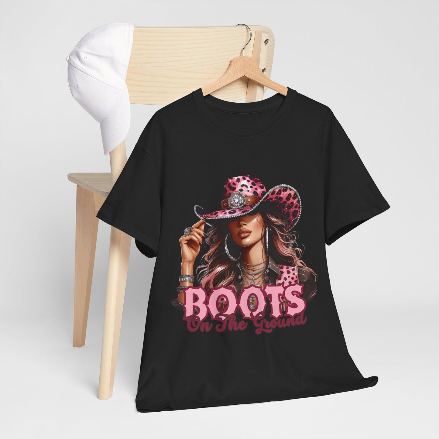 Boots On The Ground Shirt | Western Cowgirl Pink Leopard Hat Graphic Tee