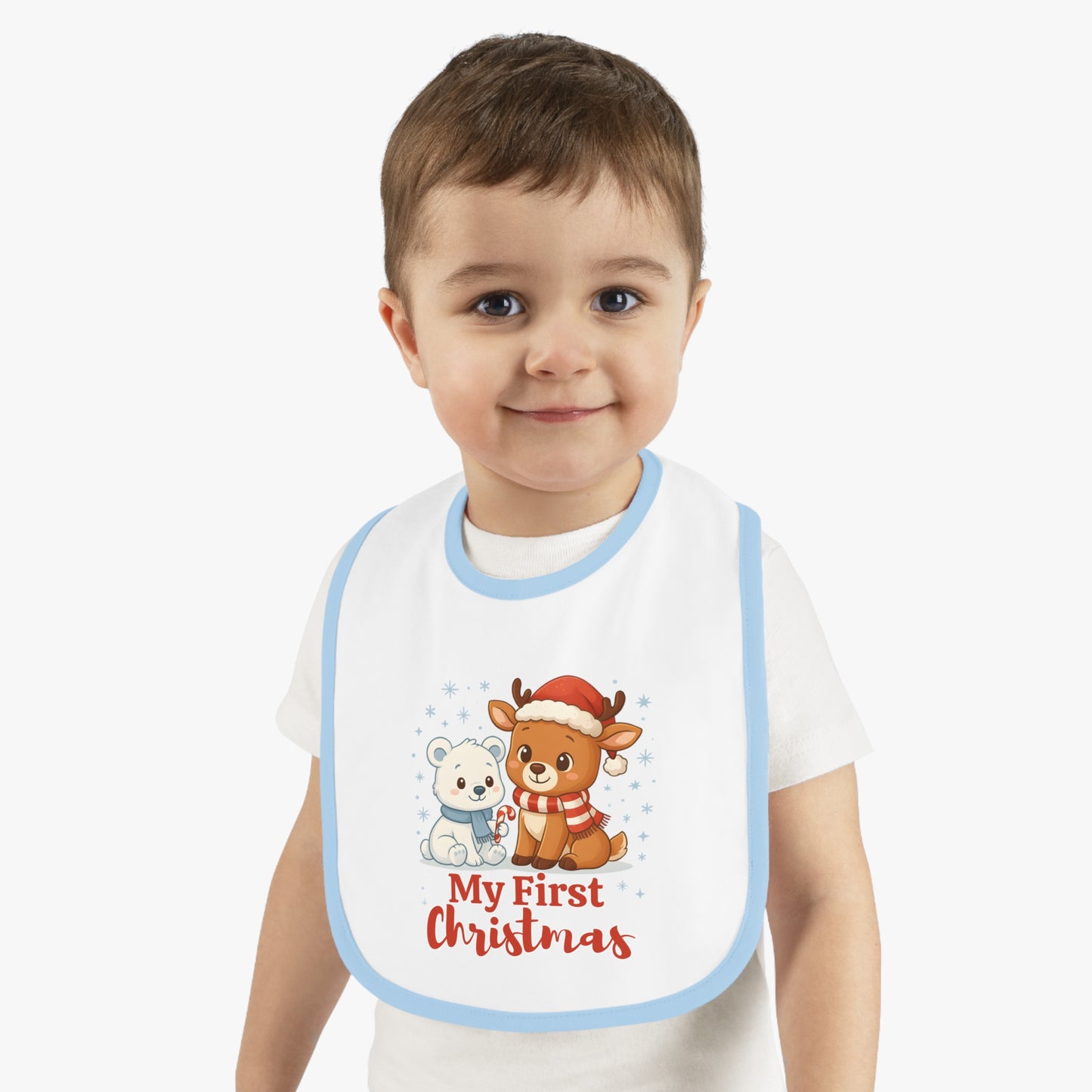 My First Christmas Baby Bib – Reindeer & Polar Bear – Personalized Holiday Bib