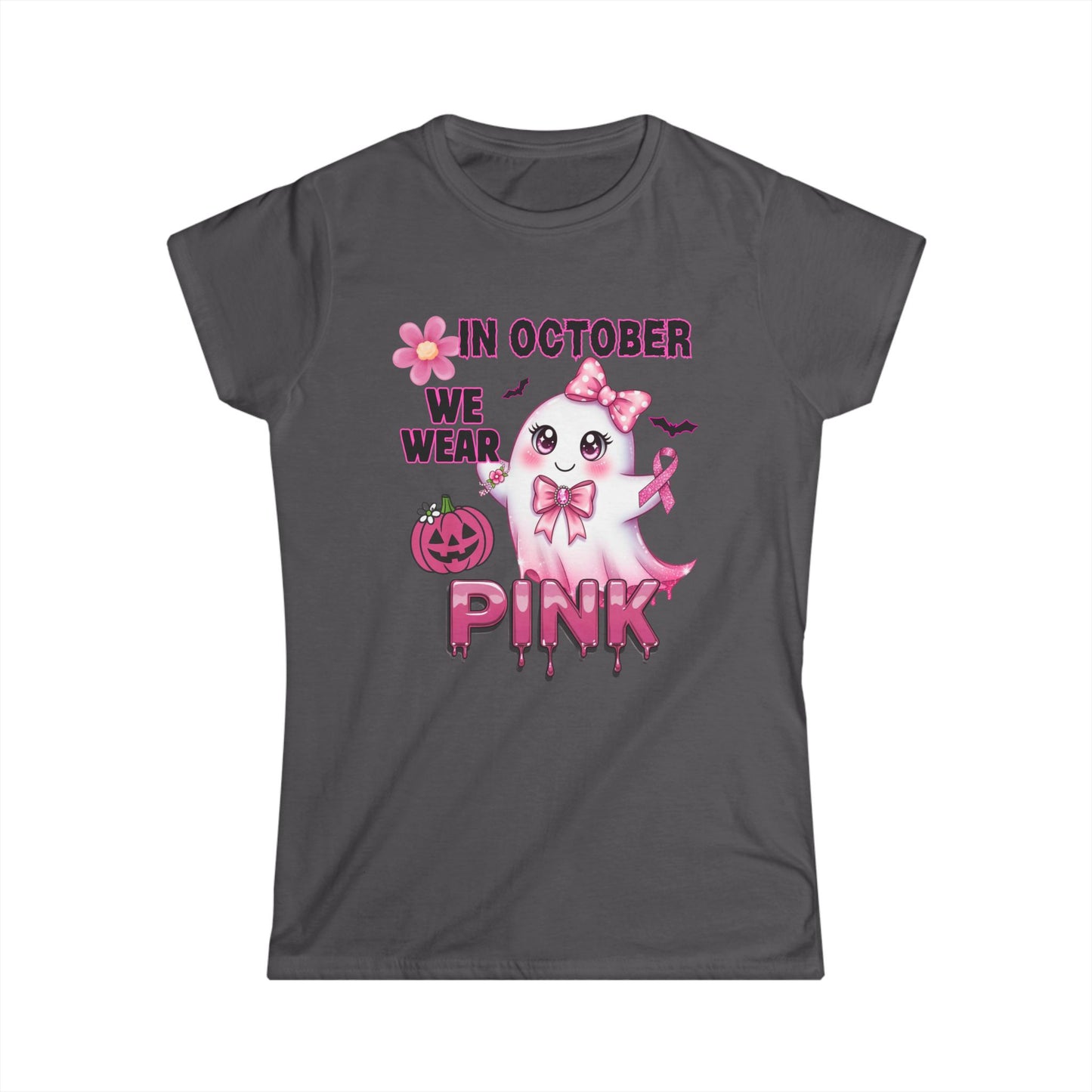 In October We Wear Pink Ghost Shirt Breast Cancer Awareness Halloween Tee Cute Kawaii Spirit Ribbon Support Gift for Her Womens T Shirt