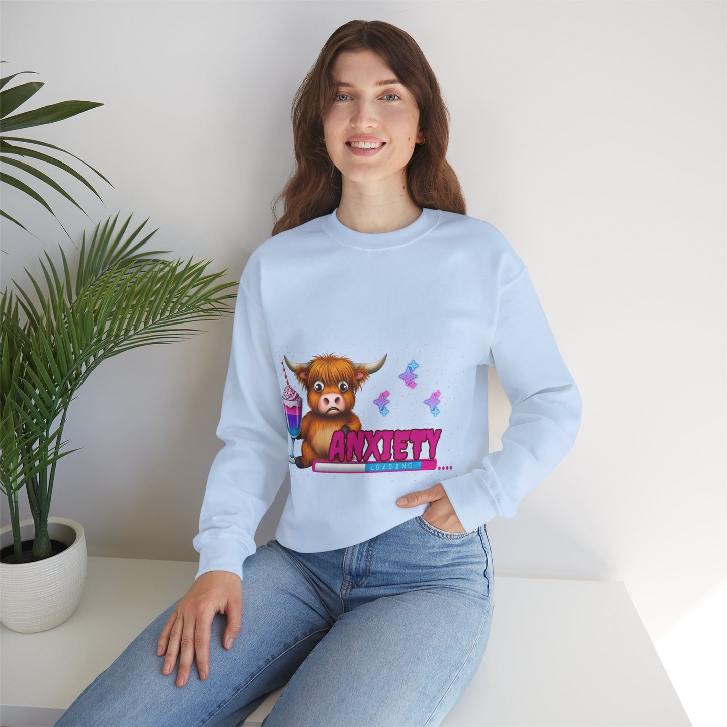 Anxiety Loading Highland Cow Sweatshirt – Funny Bella Canvas Unisex Crewneck