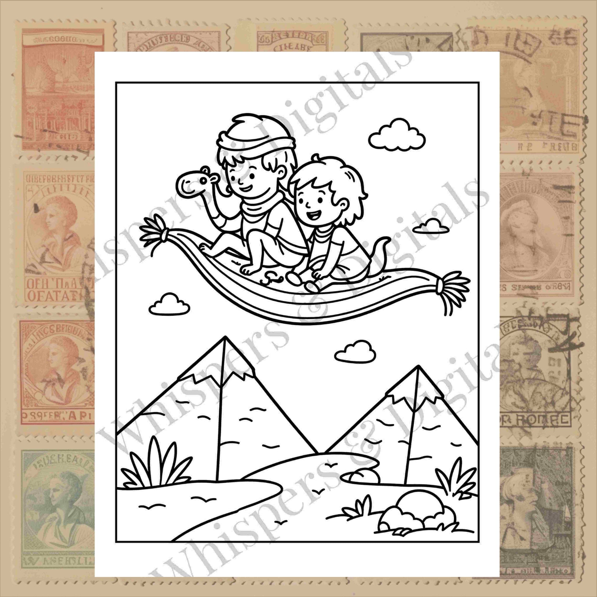 Ten whimsical travel-themed coloring pages featuring fairies, animals, hot air balloons, and suitcases — printable digital download