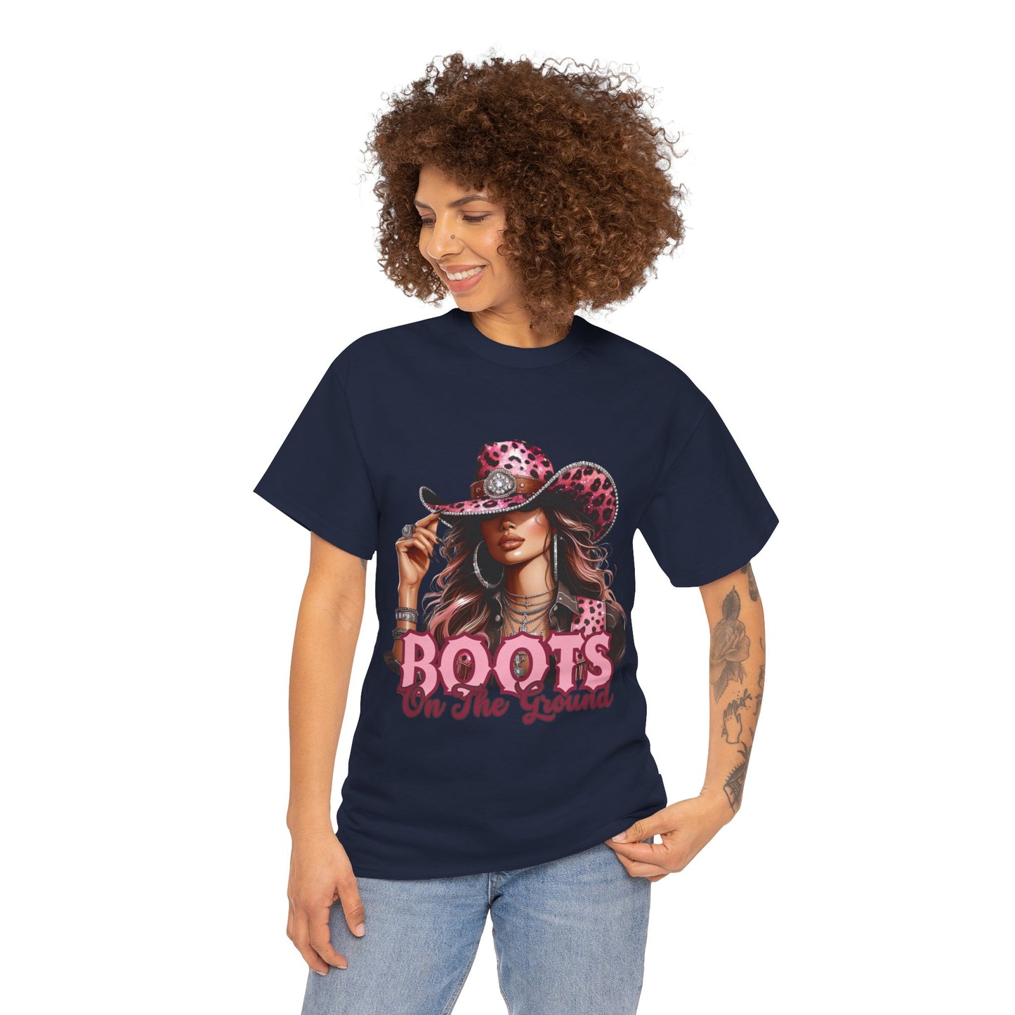 Boots On The Ground Shirt | Western Cowgirl Pink Leopard Hat Graphic Tee