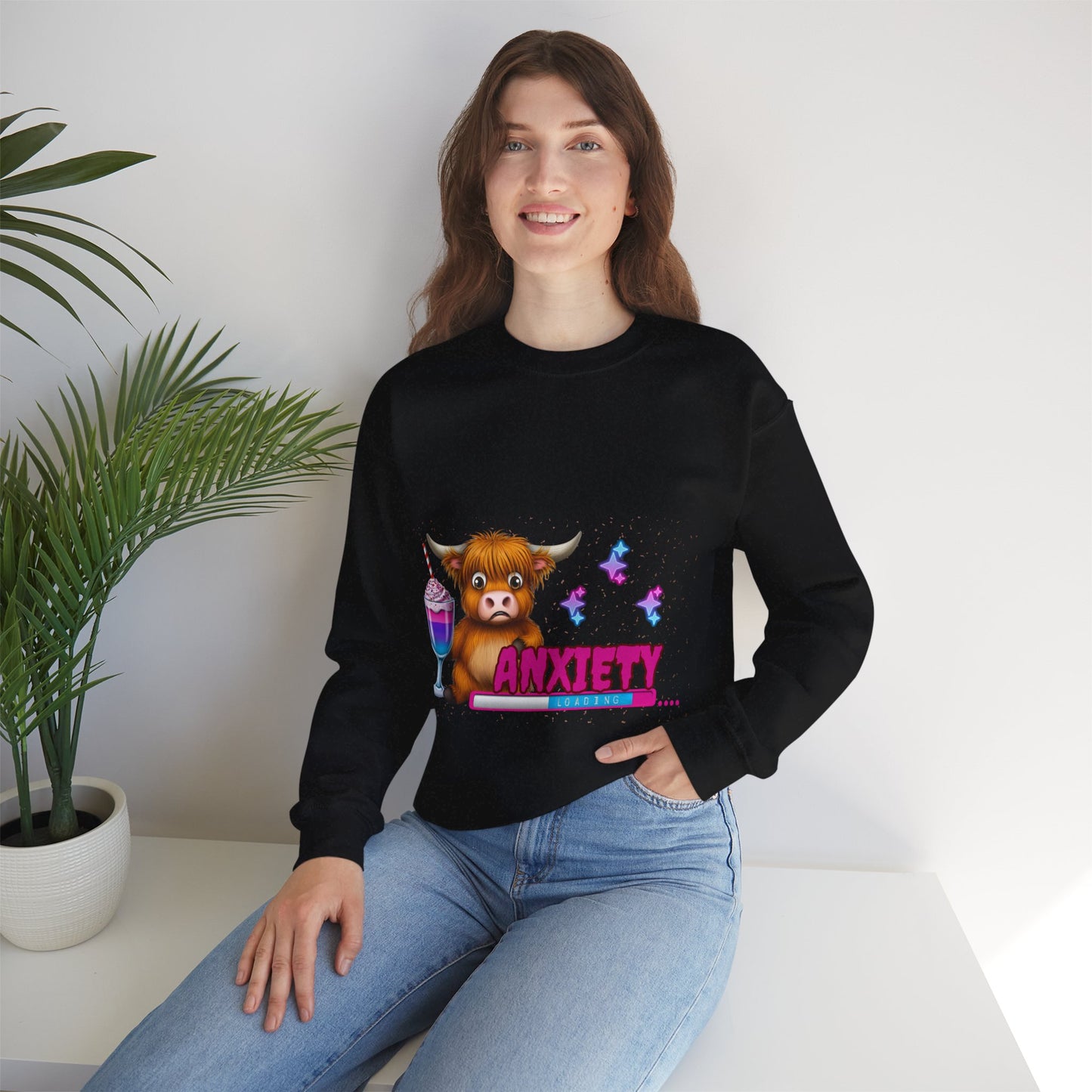 Anxiety Loading Highland Cow Sweatshirt – Funny Bella Canvas Unisex Crewneck