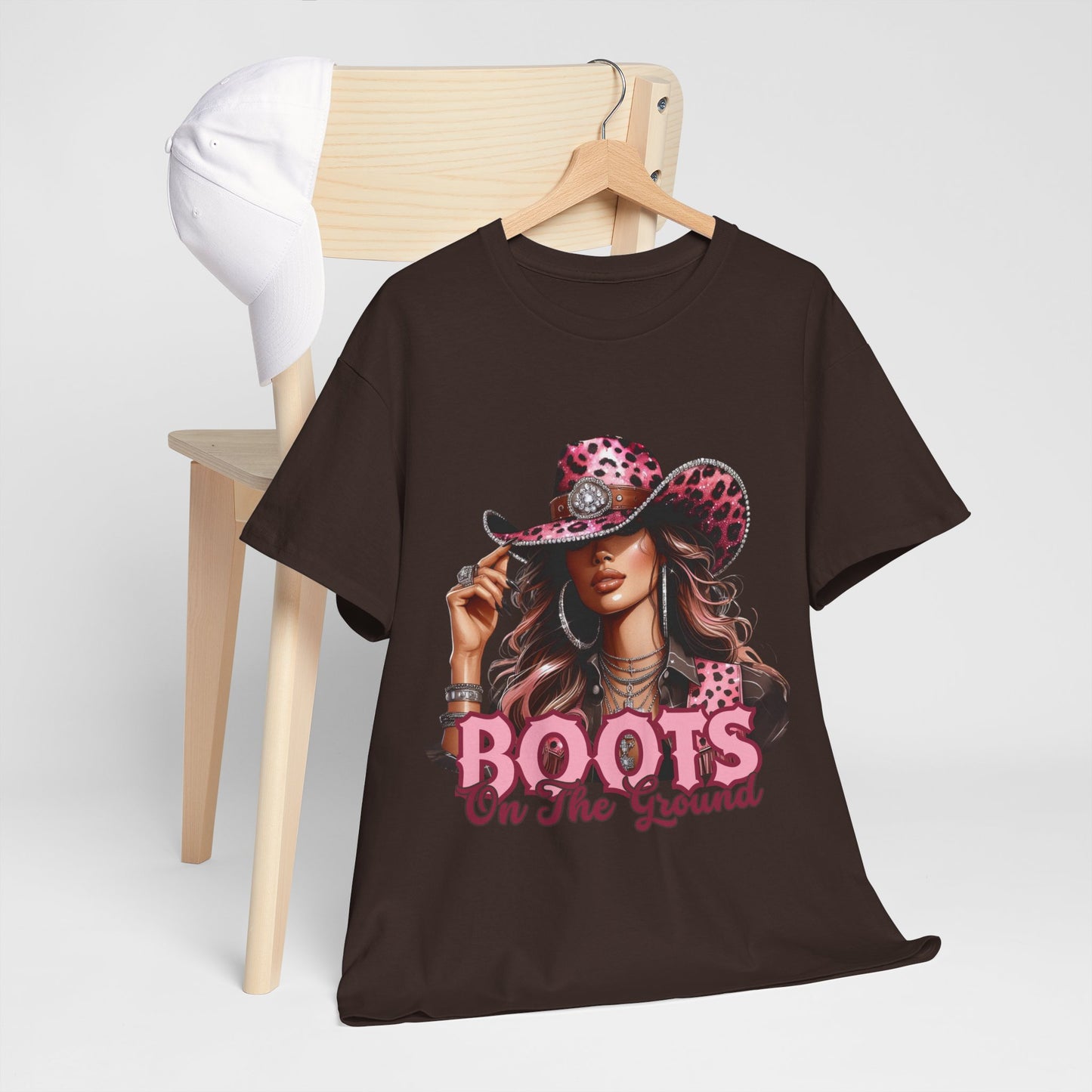 Boots On The Ground Shirt | Western Cowgirl Pink Leopard Hat Graphic Tee