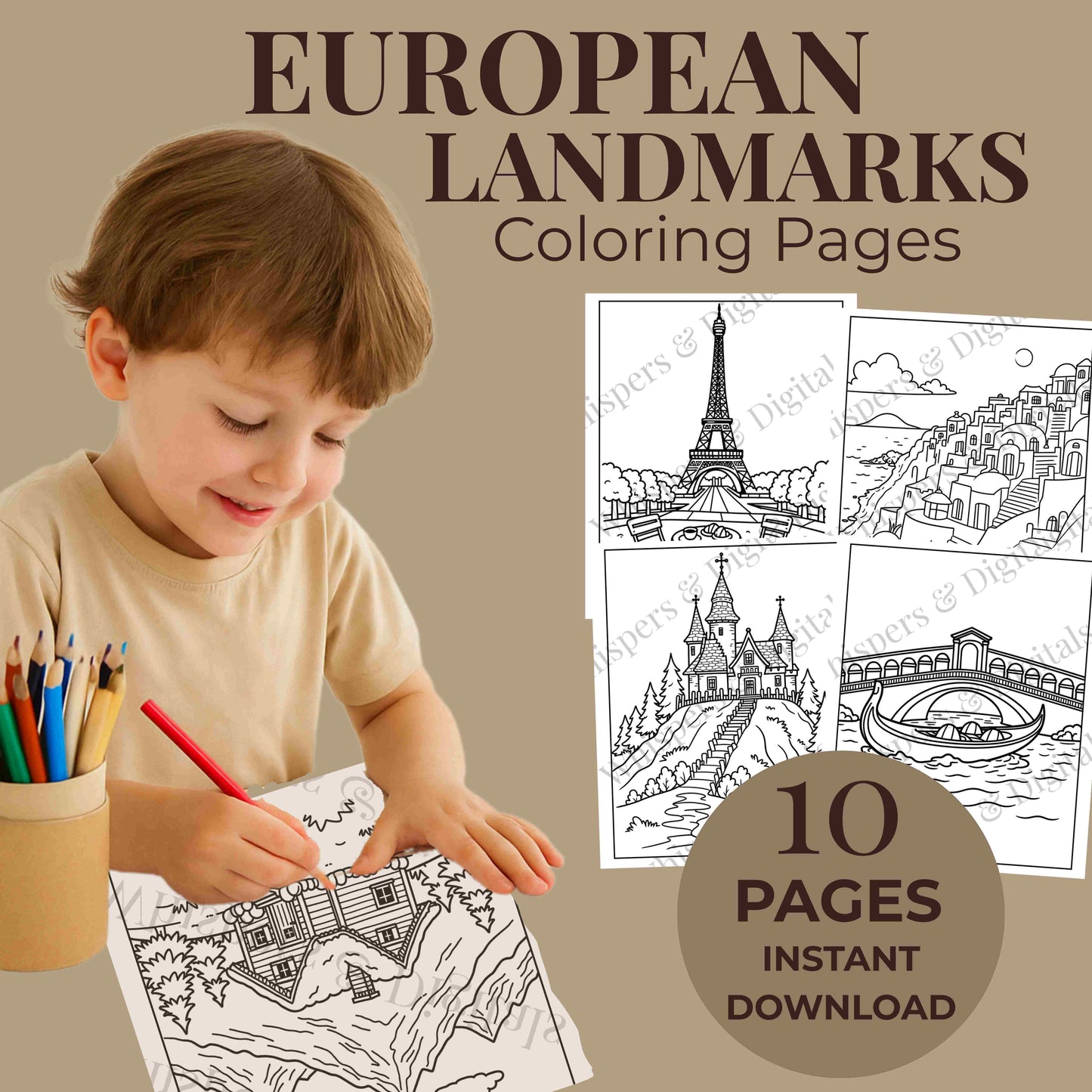 Ten printable European travel-themed coloring pages featuring landmarks, luggage, airplanes, and compass designs — digital download for travel lovers