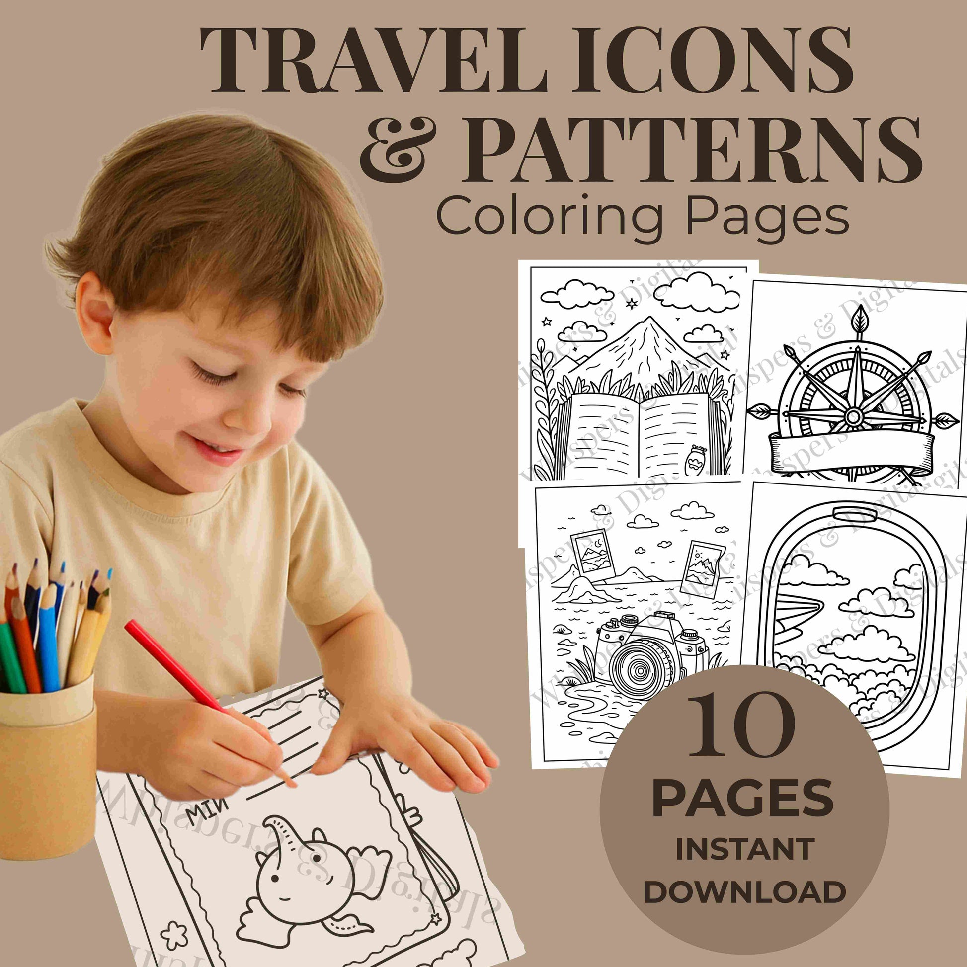 Ten printable travel icon and pattern coloring pages featuring airplanes, luggage, compasses, and travel doodles — digital download for travel lovers
