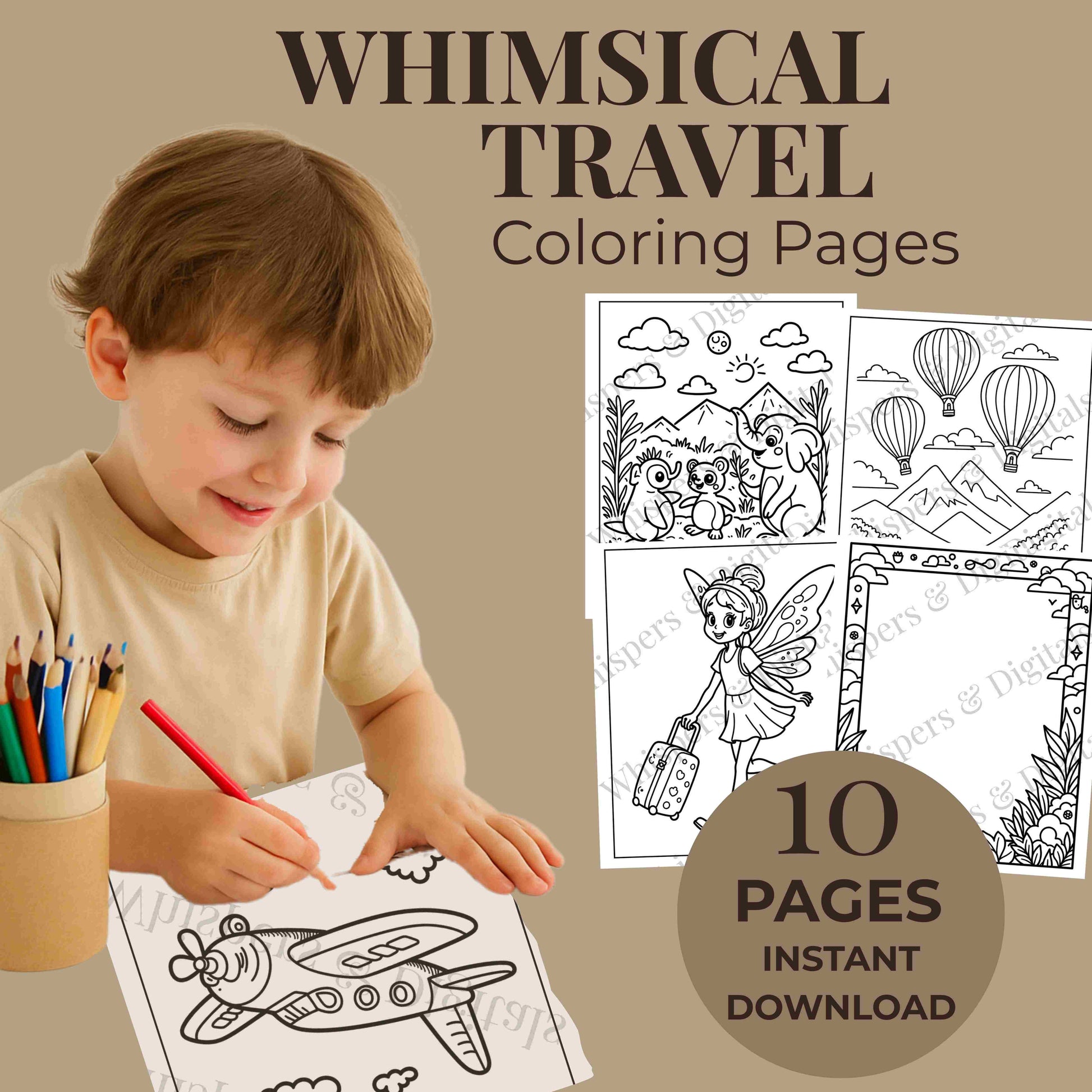 Ten whimsical travel-themed coloring pages featuring fairies, animals, hot air balloons, and suitcases — printable digital download