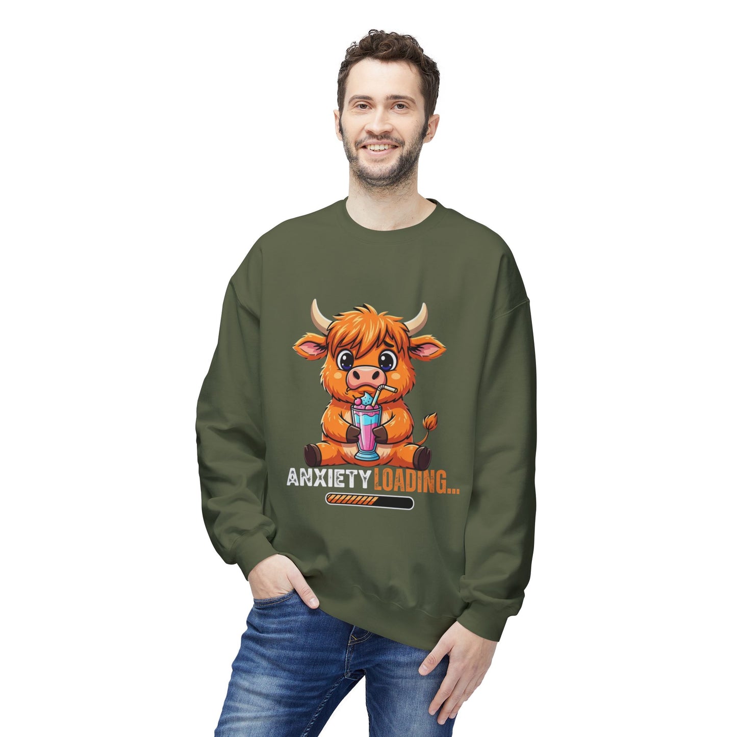 Anxiety Loading Sweatshirt, Cozy Fleece Crewneck, Relaxing Gift, Stress Relief Apparel, Cute Animal Design, Unisex Casual Wear