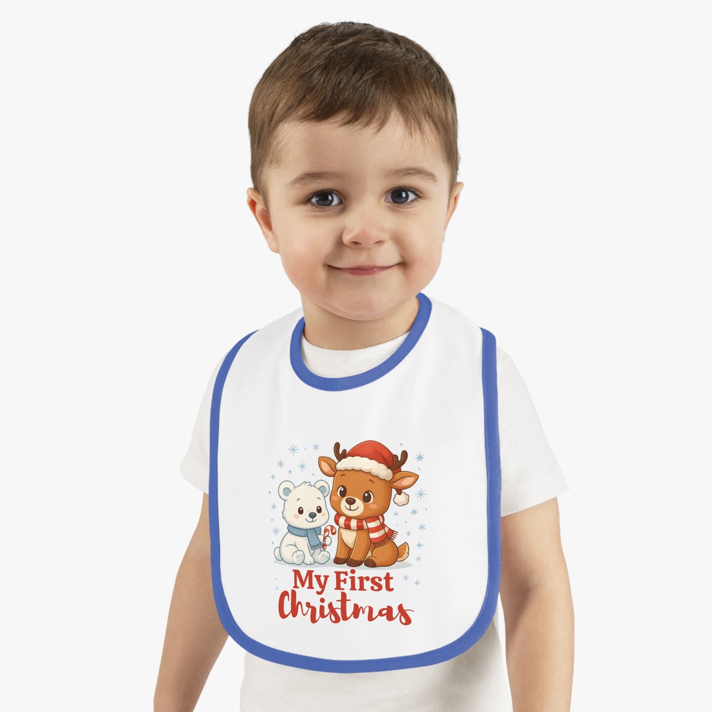 My First Christmas Baby Bib – Reindeer & Polar Bear – Personalized Holiday Bib