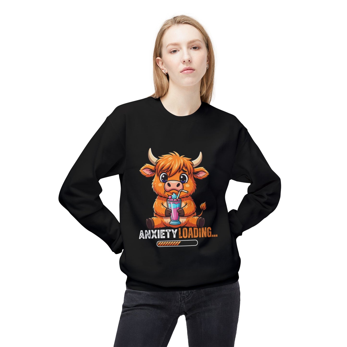Anxiety Loading Sweatshirt, Cozy Fleece Crewneck, Relaxing Gift, Stress Relief Apparel, Cute Animal Design, Unisex Casual Wear