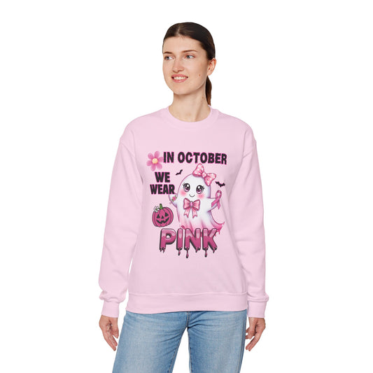 In October We Wear Pink Ghost Sweatshirt Breast Cancer Awareness Halloween Sweater Cute Kawaii Ribbon Gift Cozy Fall Crewneck Pullover