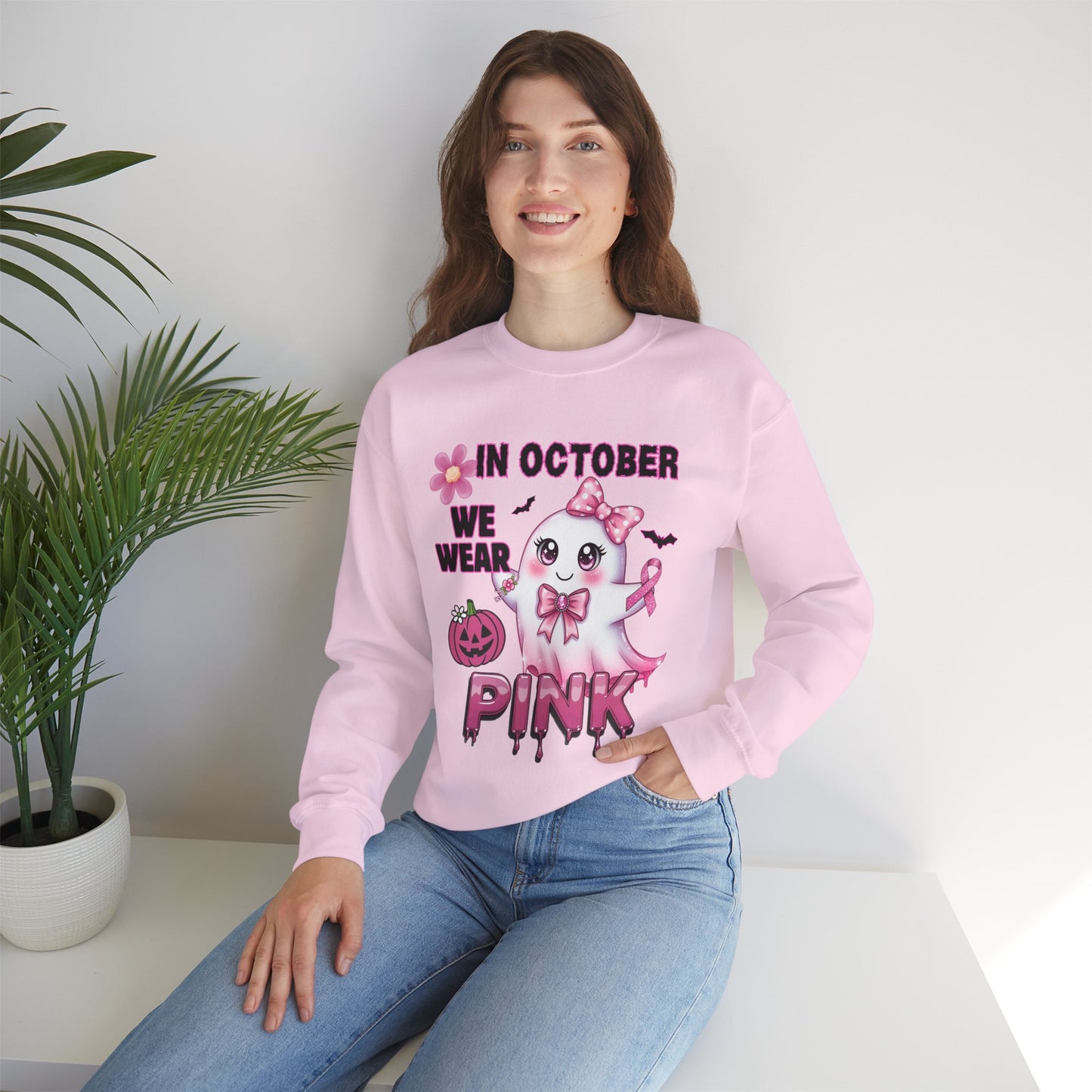 In October We Wear Pink Ghost Sweatshirt Breast Cancer Awareness Halloween Sweater Cute Kawaii Ribbon Gift Cozy Fall Crewneck Pullover