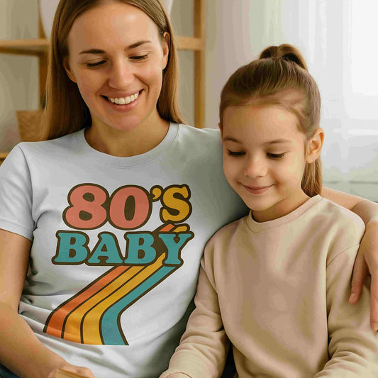 Four retro 80’s Baby PNG designs featuring cassette tapes, boombox, and vintage rainbow typography — nostalgic digital download