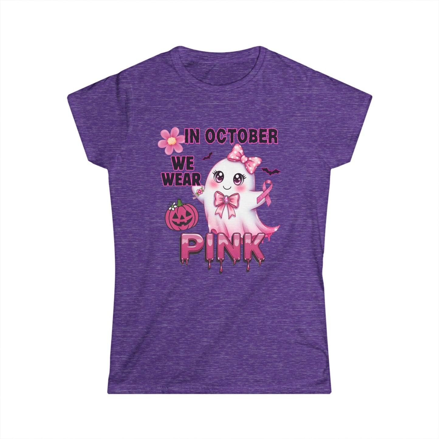 In October We Wear Pink Ghost Shirt Breast Cancer Awareness Halloween Tee Cute Kawaii Spirit Ribbon Support Gift for Her Womens T Shirt