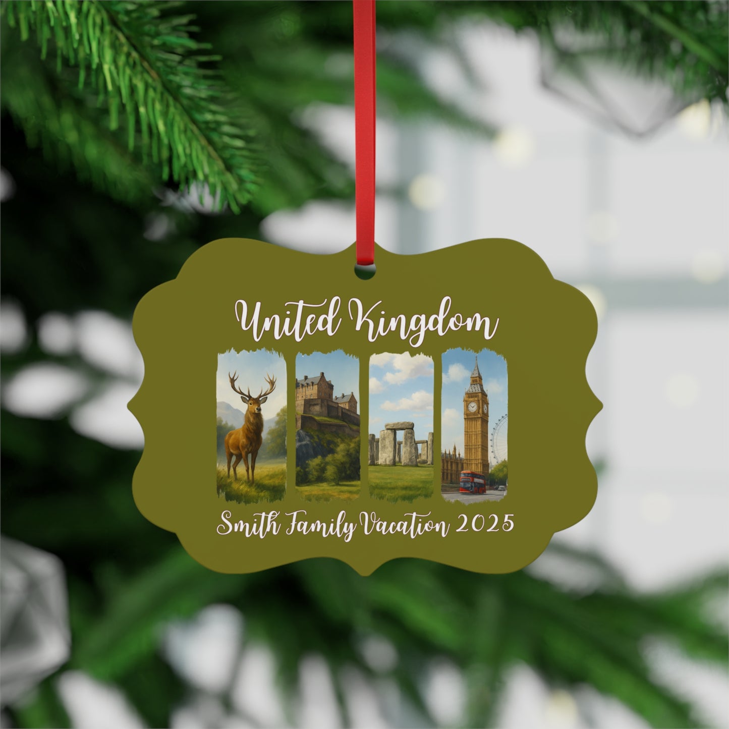 Customized Metal Plaque Ornament, Family Vacation Keepsake, Holiday Decor, United Kingdom Theme, Personalized Gift