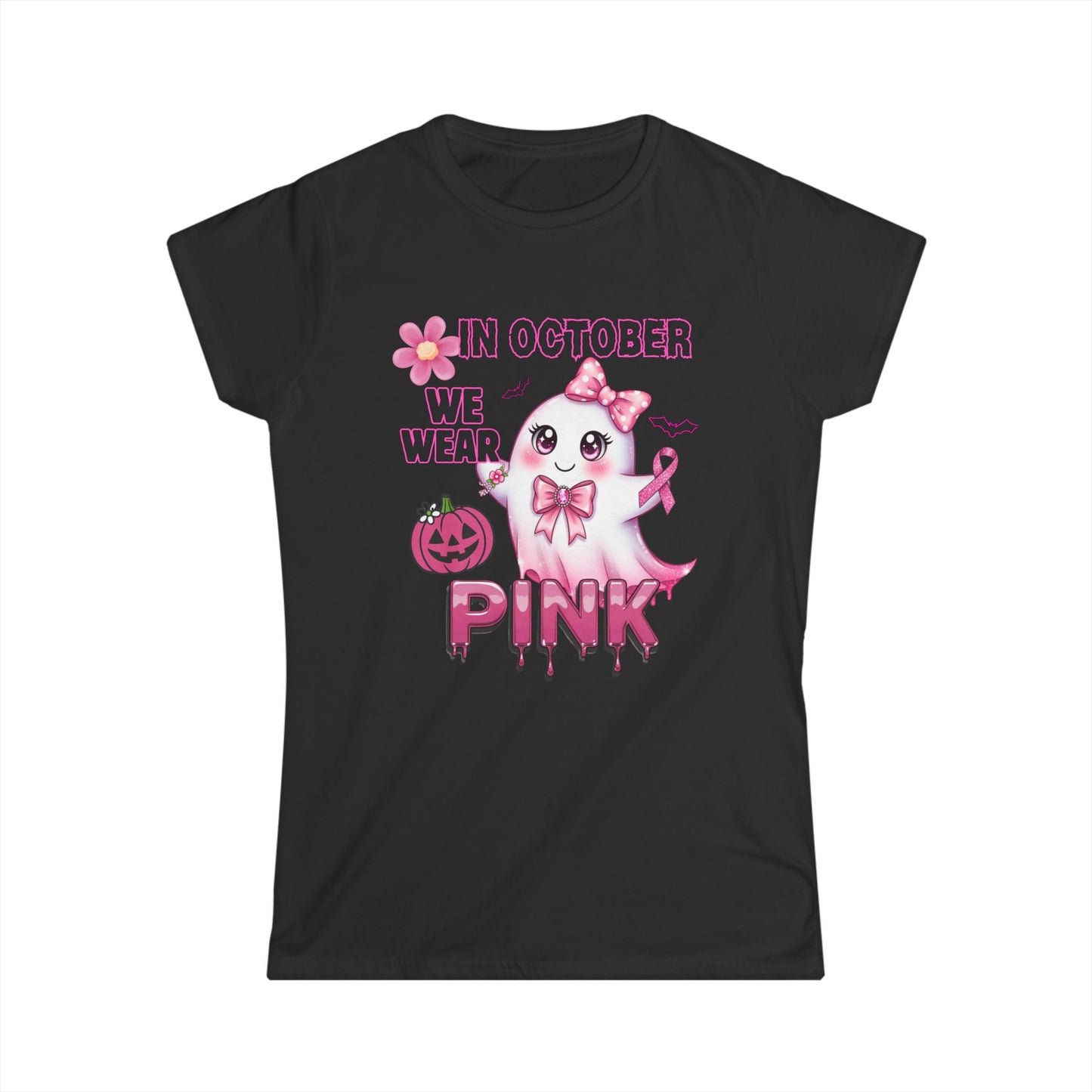 In October We Wear Pink Ghost Shirt Breast Cancer Awareness Halloween Tee Cute Kawaii Spirit Ribbon Support Gift for Her Womens T Shirt