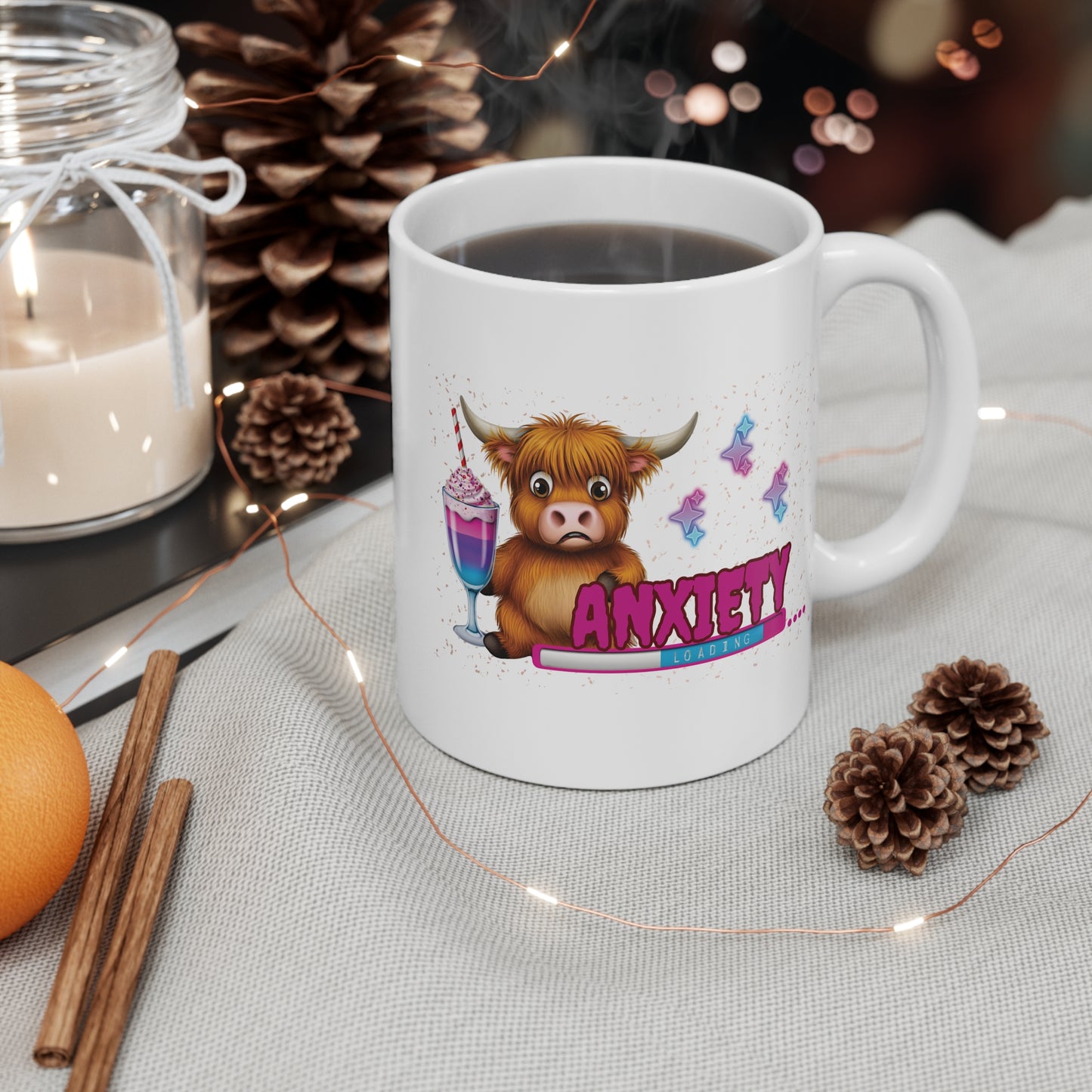 Anxiety Loading Highland Cow Coffee Mug – Funny Mental Health Gift