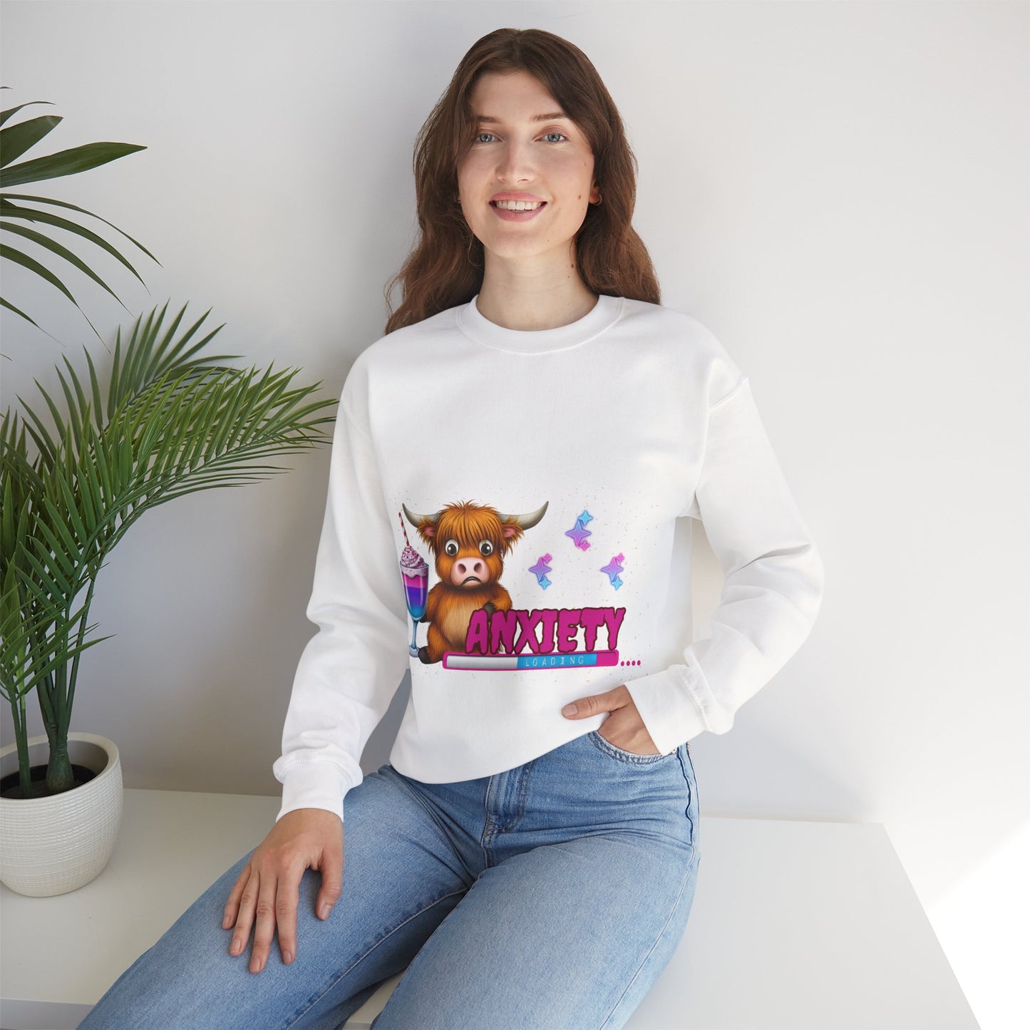 Anxiety Loading Highland Cow Sweatshirt – Funny Bella Canvas Unisex Crewneck