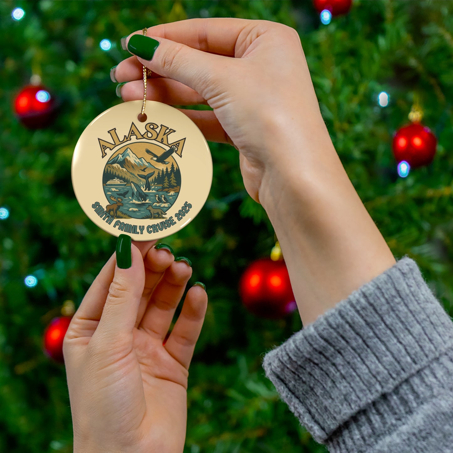 Alaska Family Cruise Ceramic Ornament, 4 Unique Shapes, Personalized Christmas Tree Decoration, Gift for Nature Lovers, Holiday Keepsake