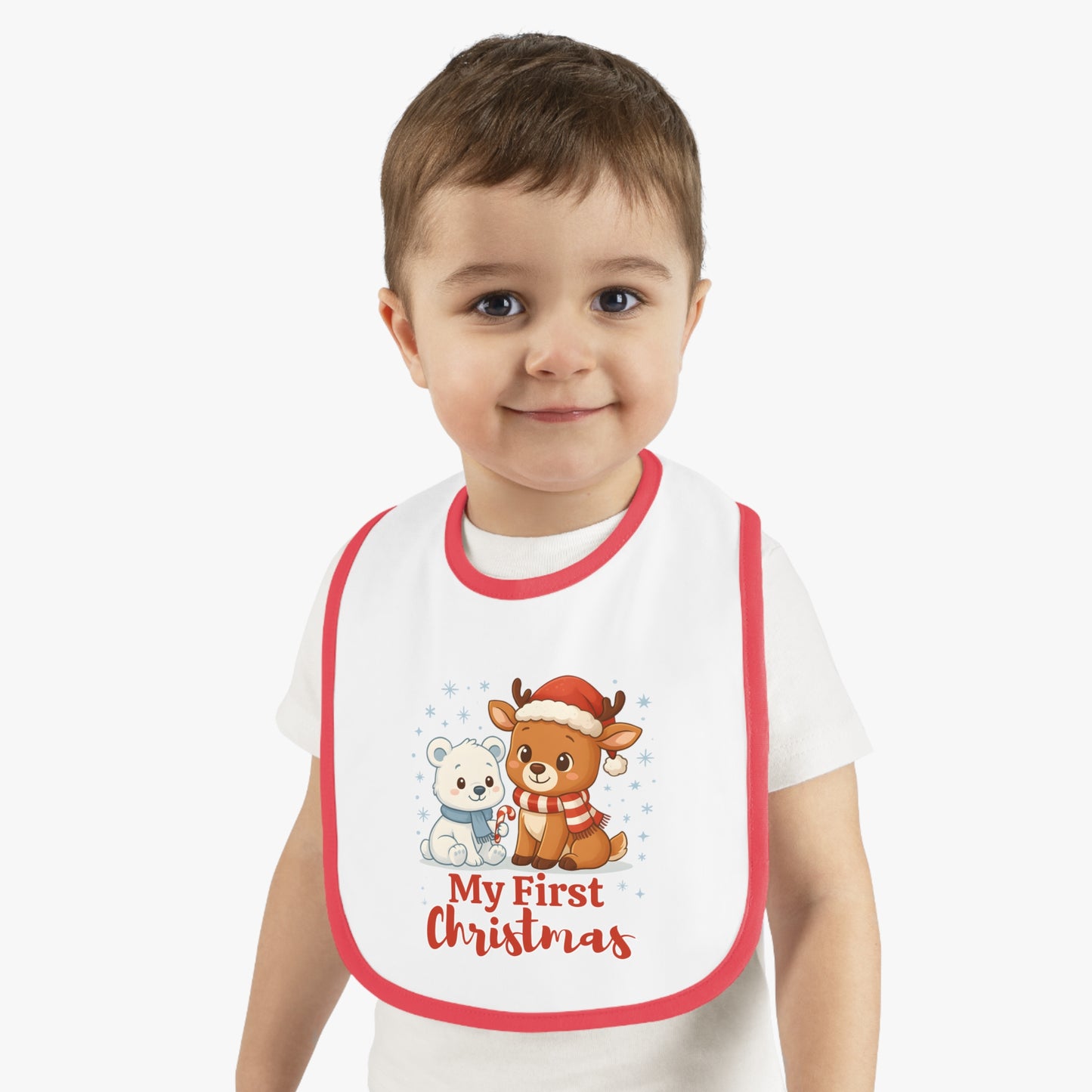 My First Christmas Baby Bib – Reindeer & Polar Bear – Personalized Holiday Bib