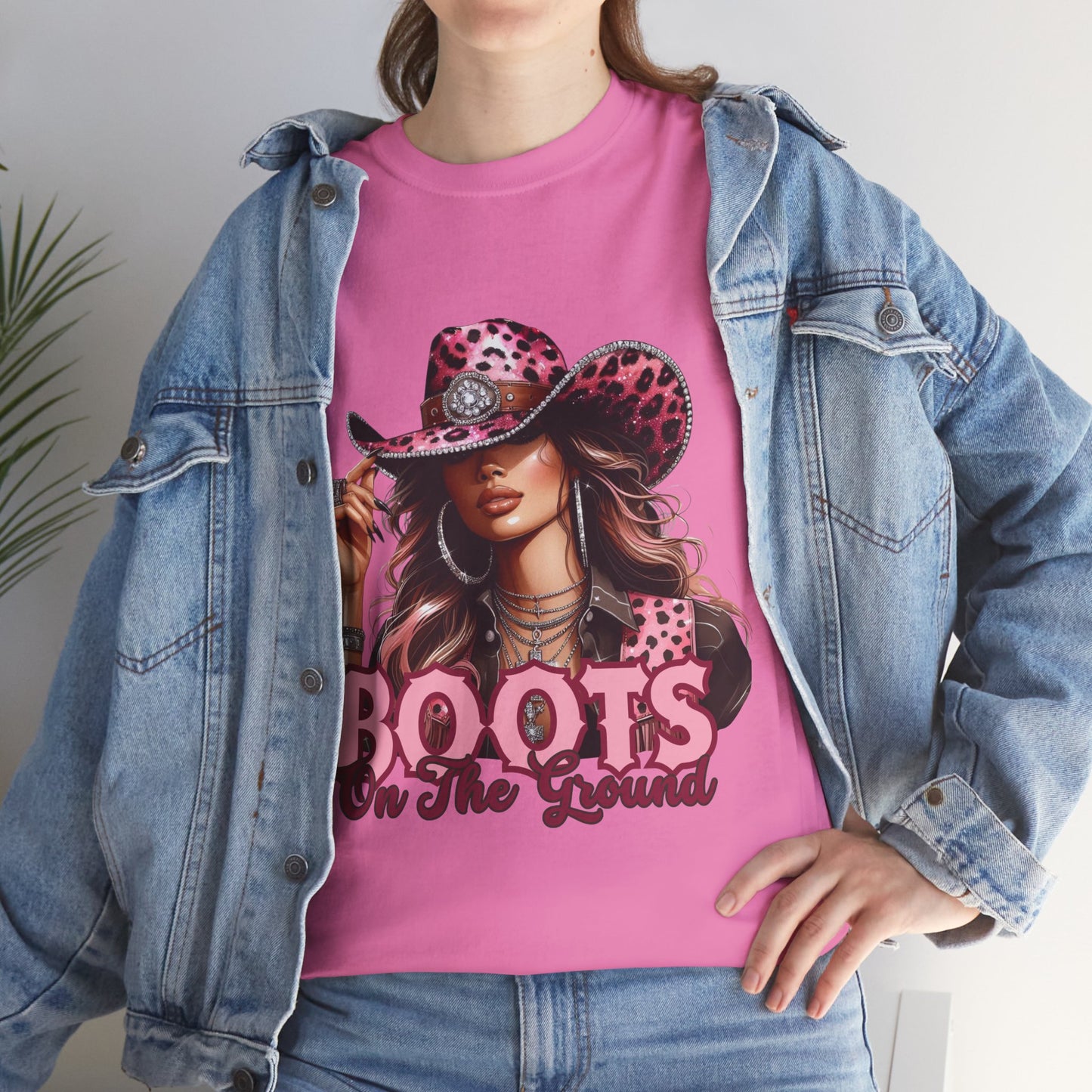 Boots On The Ground Shirt | Western Cowgirl Pink Leopard Hat Graphic Tee