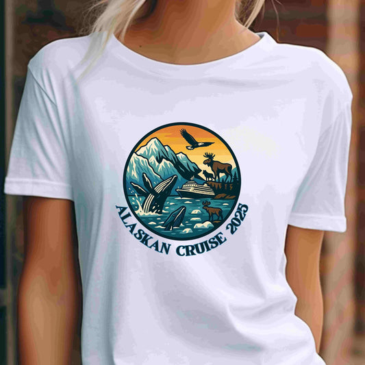Digital illustration featuring whales, mountains, moose, and a cruise ship under a golden sunset with “Alaskan Cruise 2025” text — PNG download
