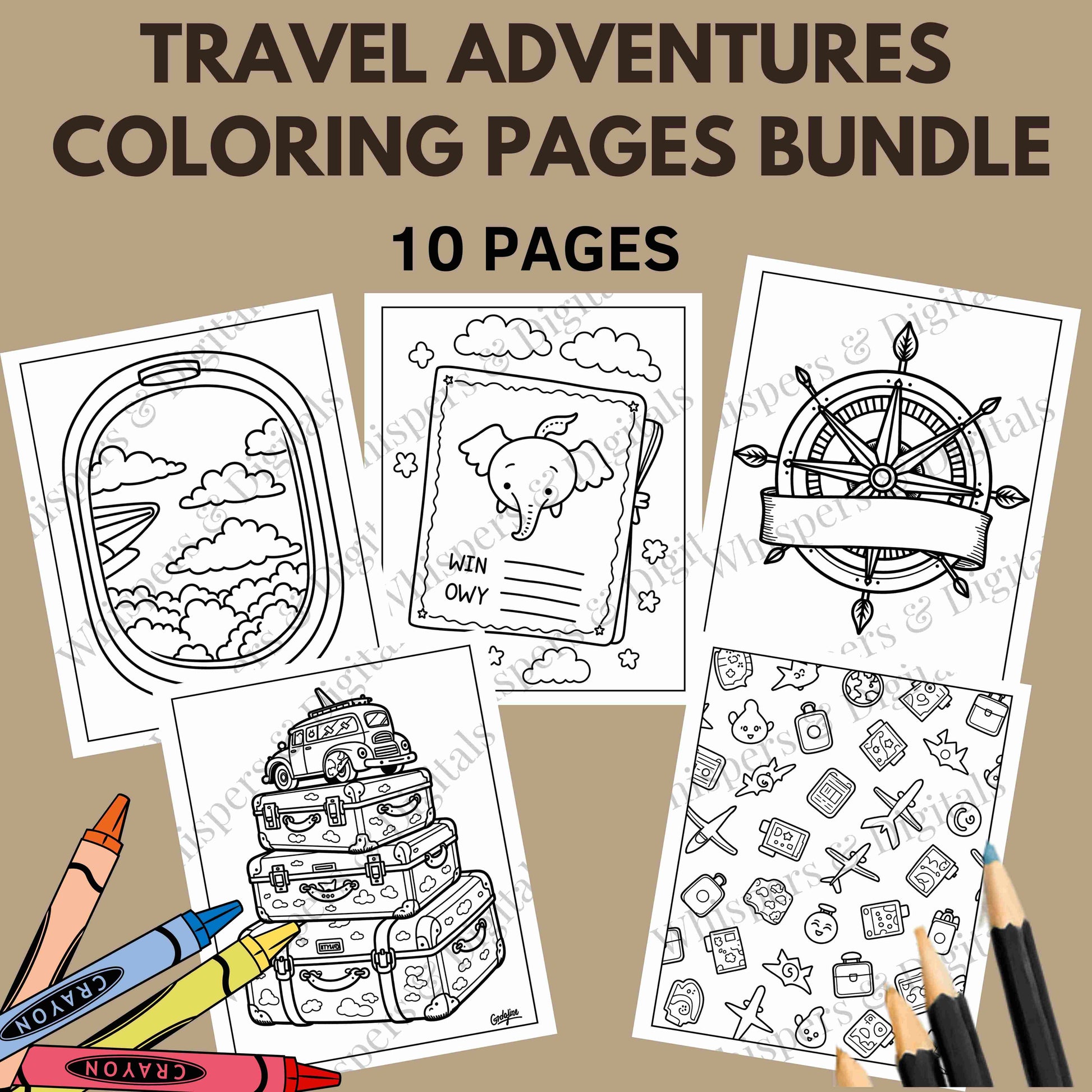 Ten printable travel-themed coloring pages featuring airplanes, luggage, compass, and travel icons — digital download for adults and kids