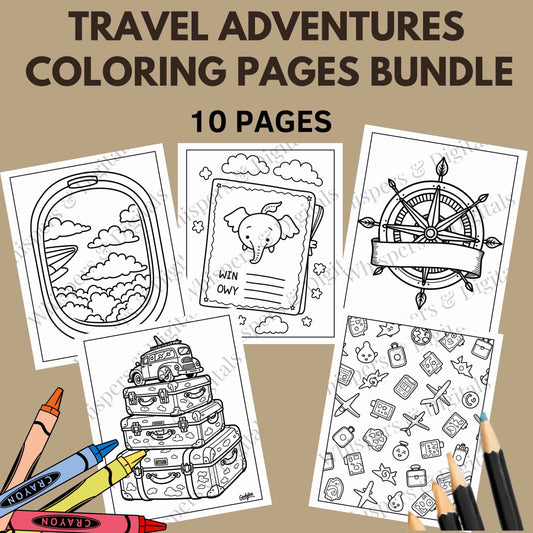 Ten printable travel-themed coloring pages featuring airplanes, luggage, compass, and travel icons — digital download for adults and kids
