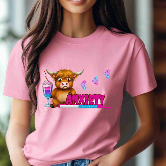 Cute highland cow holding a milkshake with the words “Anxiety Loading” in bright pink and blue — funny digital PNG download