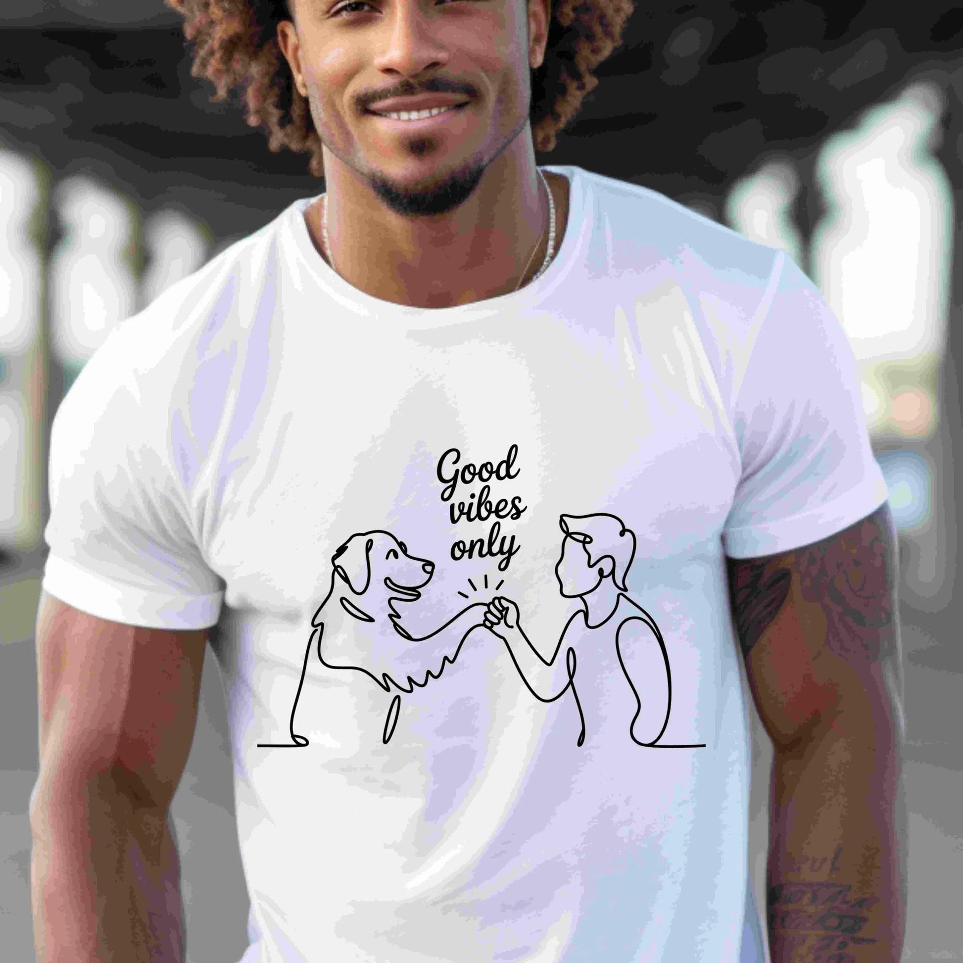 Minimalist one-line drawing of a person and dog fist bumping with the phrase “Good vibes only” above — digital PNG download