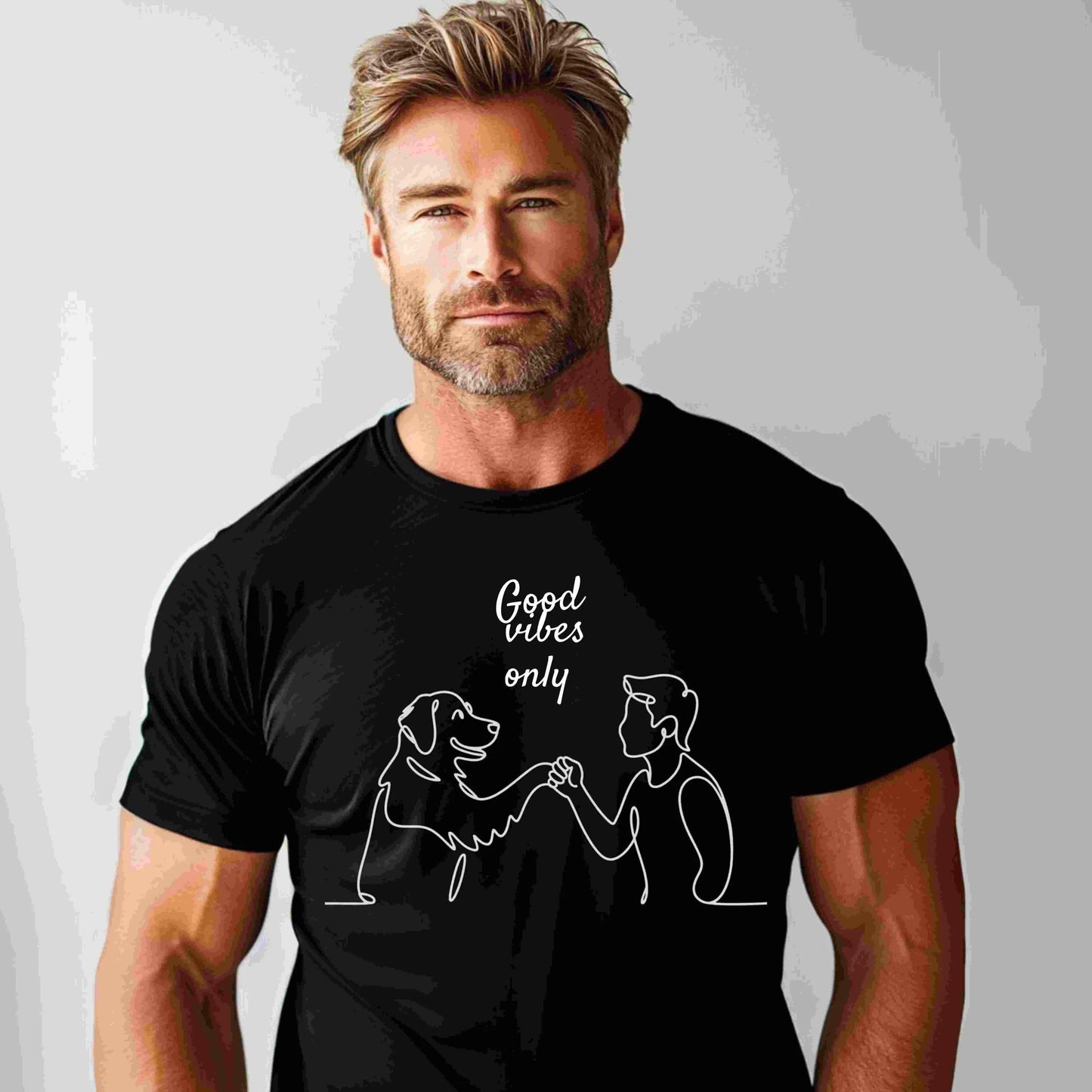 Minimalist one-line drawing of a person and dog fist bumping with the phrase “Good vibes only” above — digital PNG download