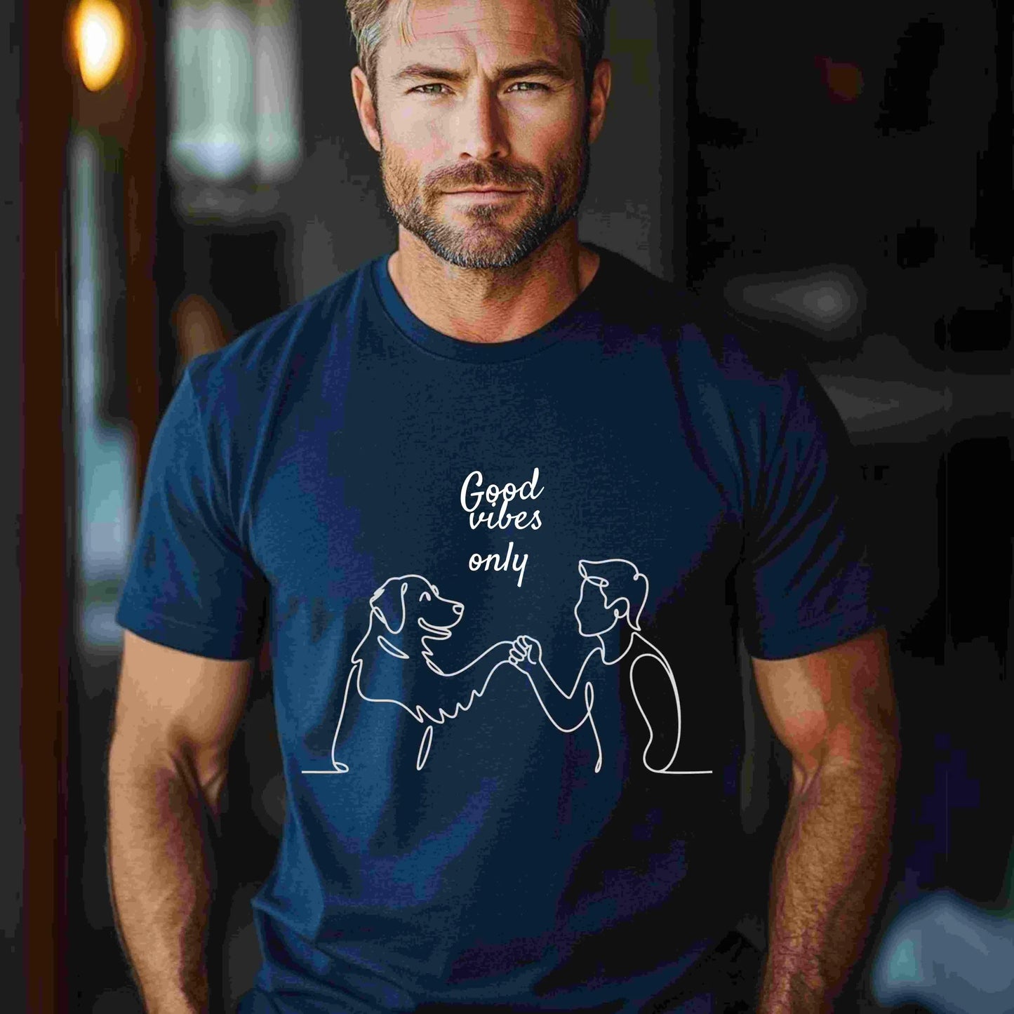 Minimalist one-line drawing of a person and dog fist bumping with the phrase “Good vibes only” above — digital PNG download