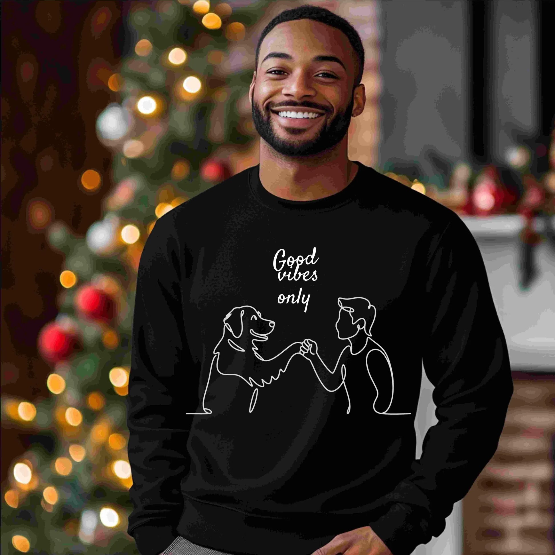 Minimalist one-line drawing of a person and dog fist bumping with the phrase “Good vibes only” above — digital PNG download