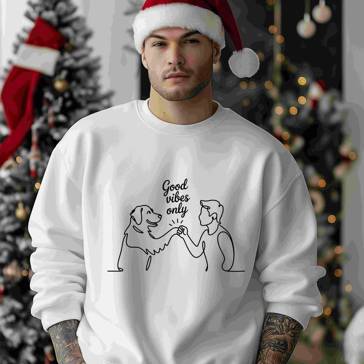 Minimalist one-line drawing of a person and dog fist bumping with the phrase “Good vibes only” above — digital PNG download